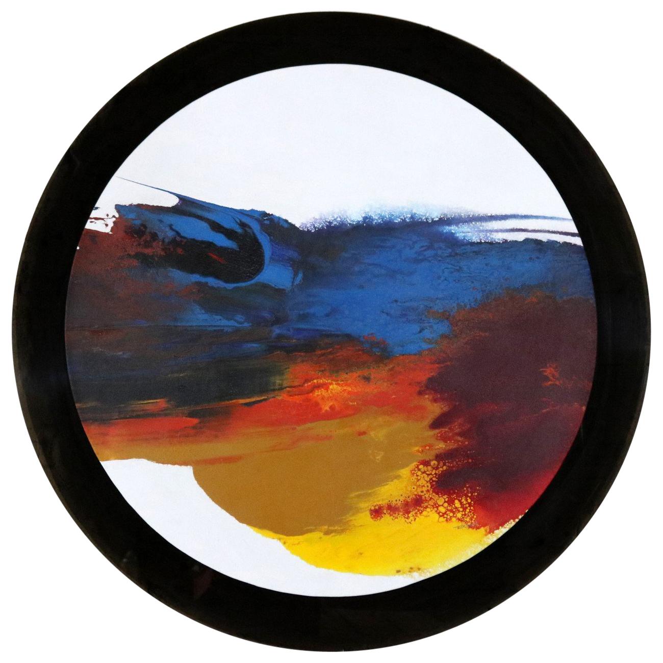 Peinture ronde abstraite sur toile acrylique montée en plexiglas fumé de Ted R. Lownik