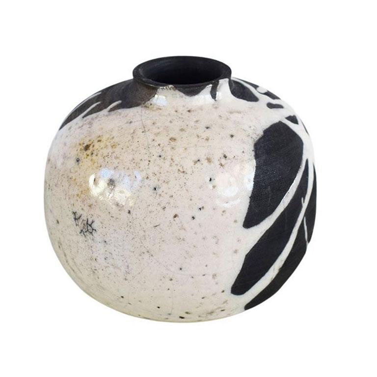Folk Art Abstract Round Black and White Marbled Studio Pottery Ceramic Vase Signed 1983