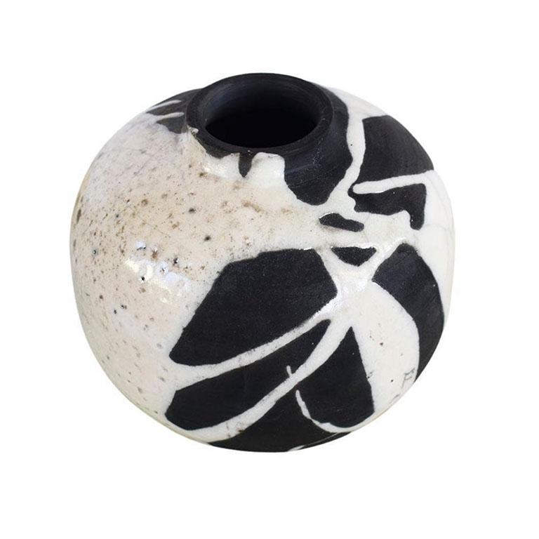 Late 20th Century Abstract Round Black and White Marbled Studio Pottery Ceramic Vase Signed 1983