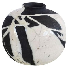 Abstract Round Black and White Marbled Studio Pottery Ceramic Vase Signed 1983