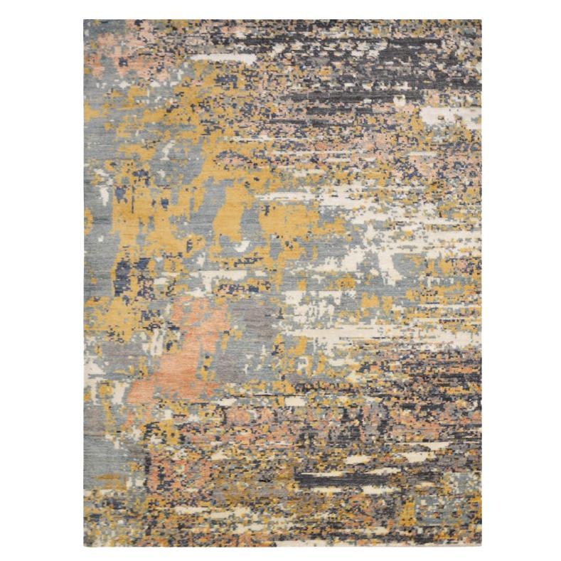Abstract Silk and Wool Rug, Design in Soft Colors over Orange and Gray