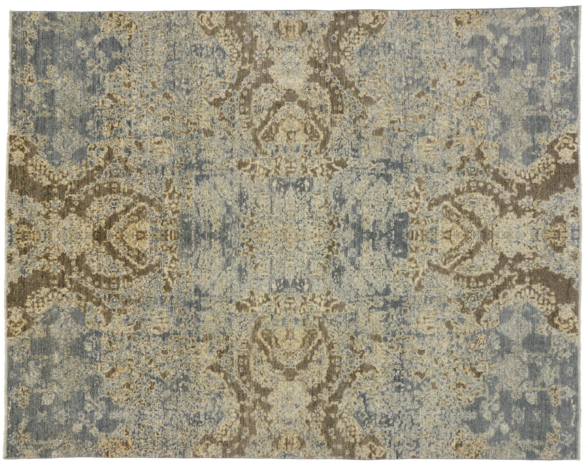 Hand-Knotted New Transitional Area Rug with Contemporary Abstract Style and Coastal Colors 