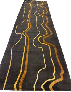Abstract Runner Rug in Brown Gold Contemporary, Handmade of Silk Wool, "Boogie"