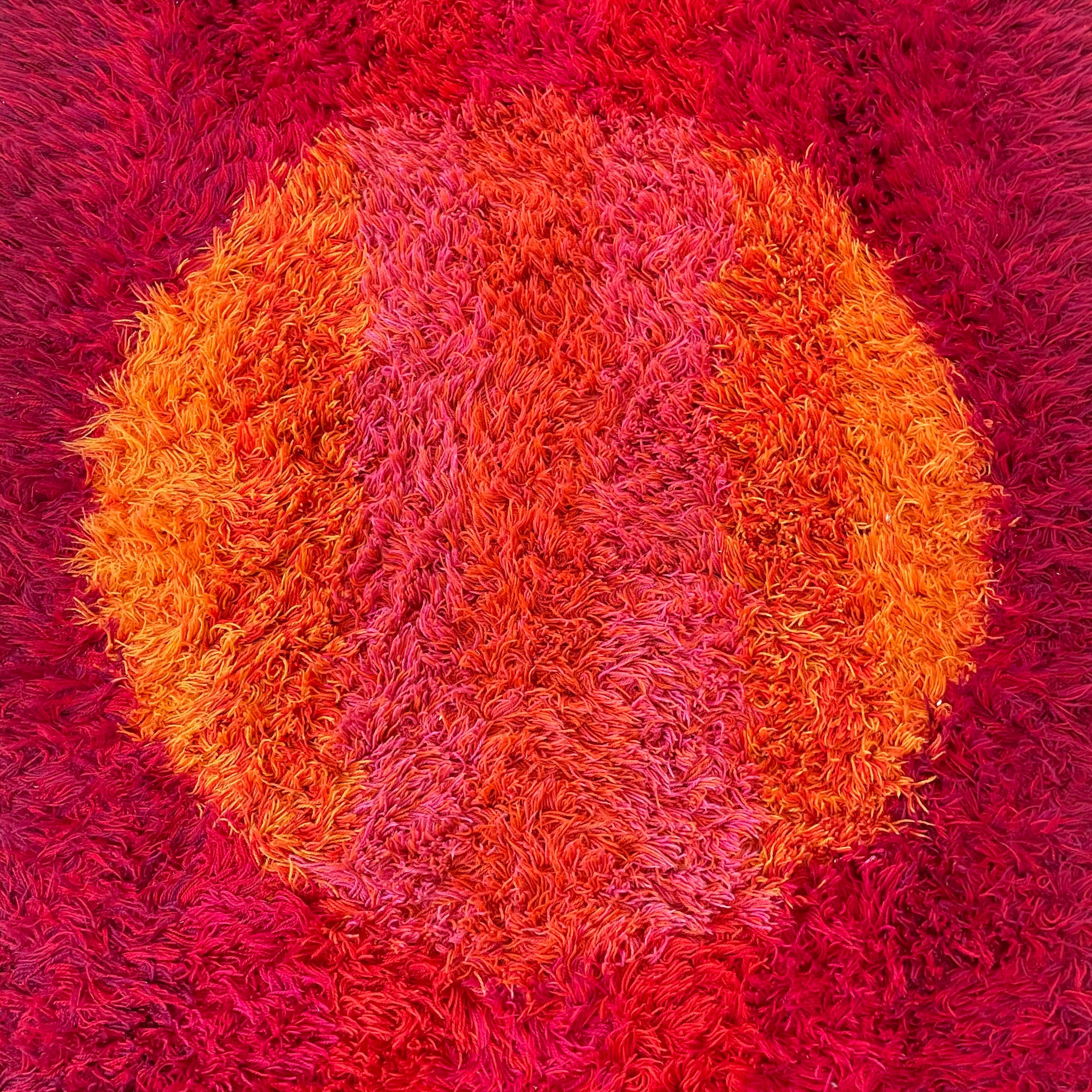 Cotton Abstract Scandinavian High Pile Panton Style Rya Rug Carpet, Sweden, 1970s