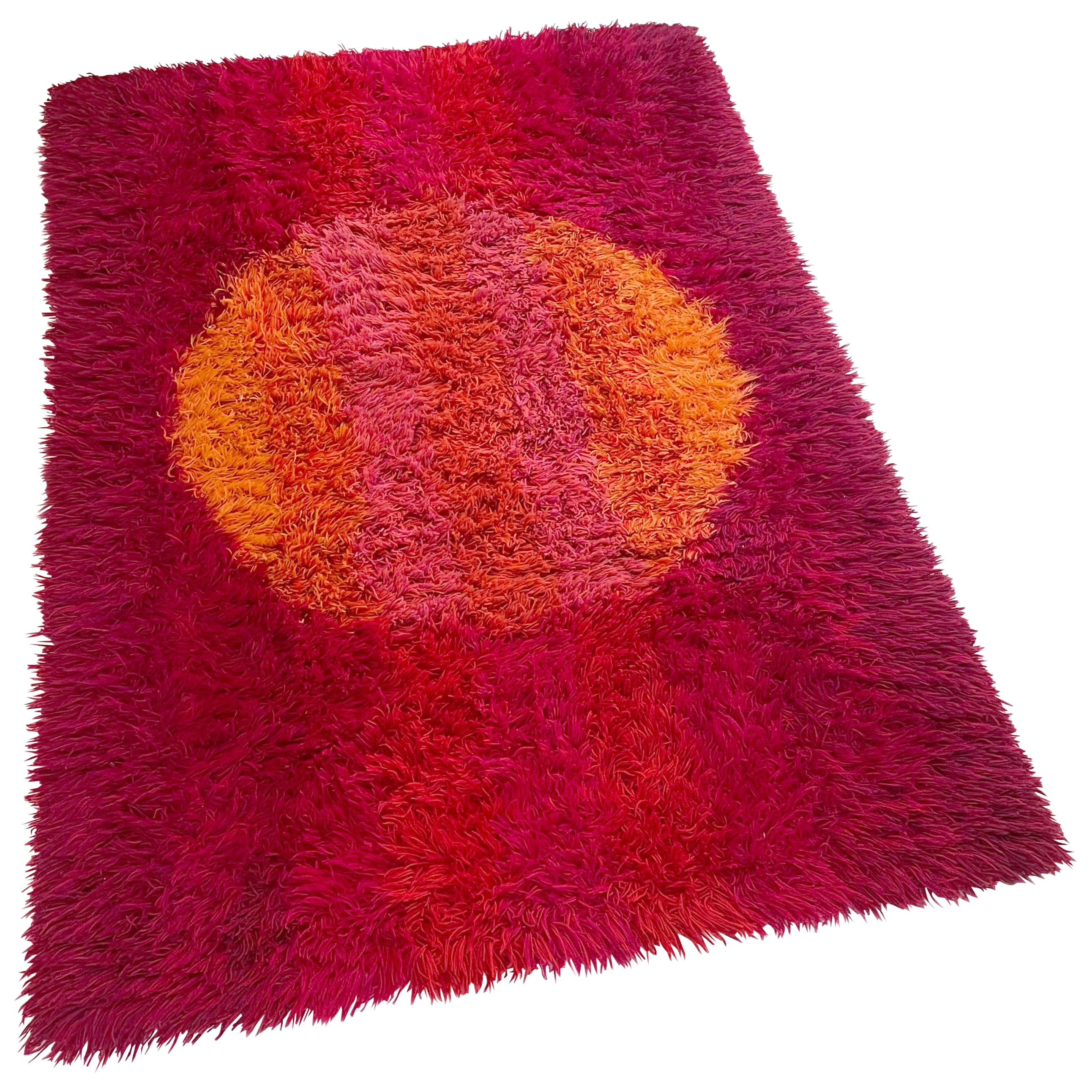 Abstract Scandinavian High Pile Panton Style Rya Rug Carpet, Sweden, 1970s