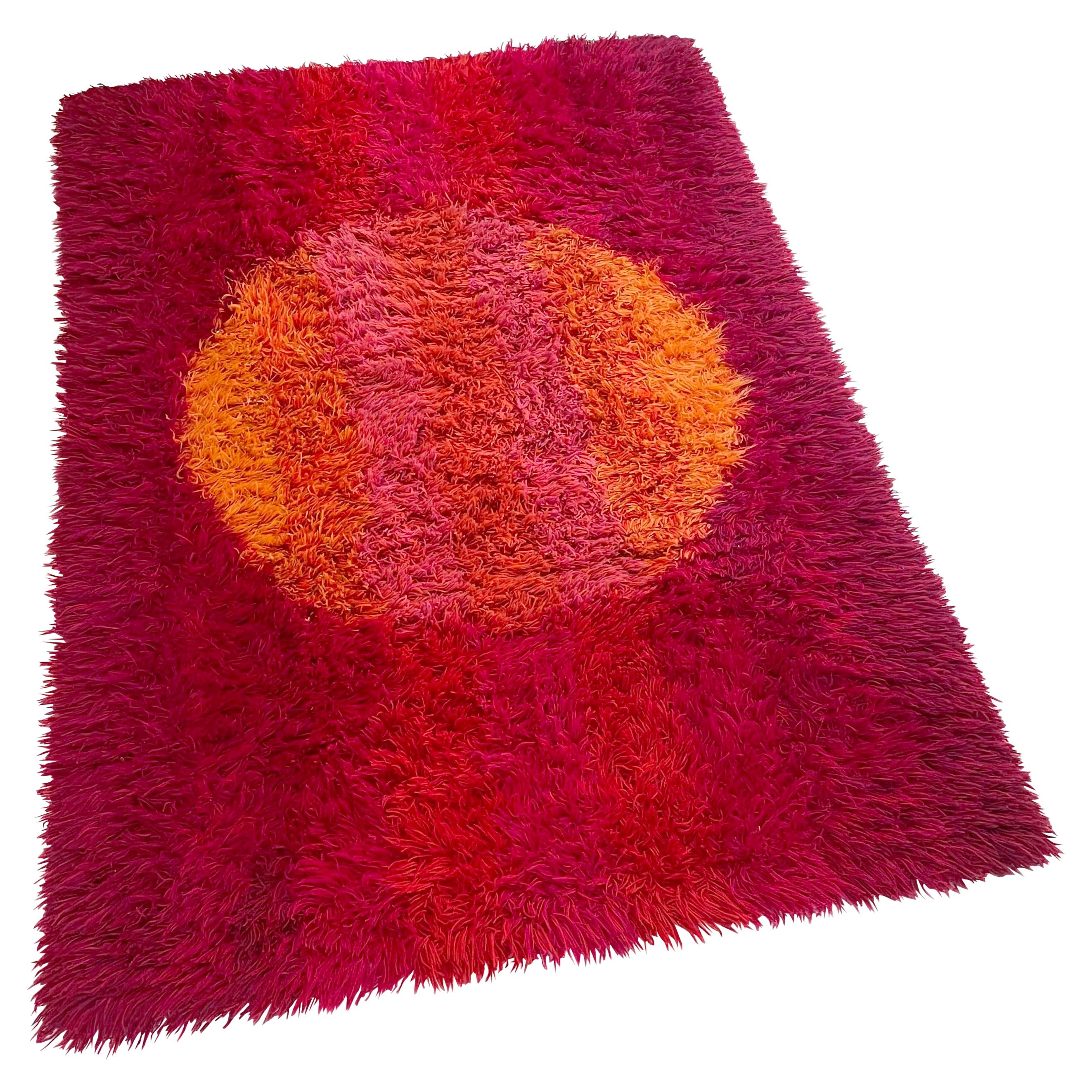 Abstract Scandinavian High Pile Panton Style Rya Rug Carpet, Sweden, 1970s