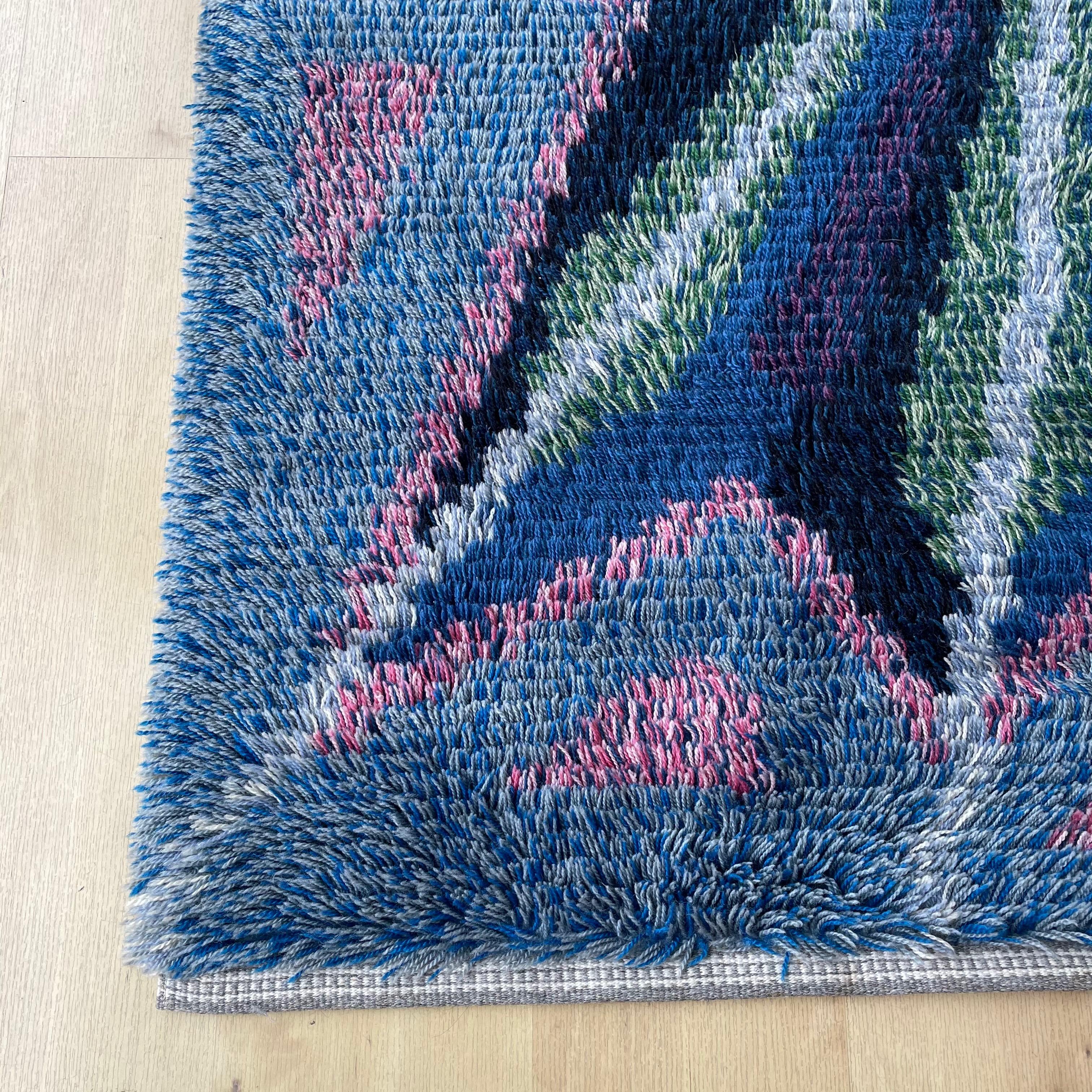 Mid-Century Modern Abstract Scandinavian Multicolor High Pile Rya Rug Carpet, Sweden, 1960s For Sale