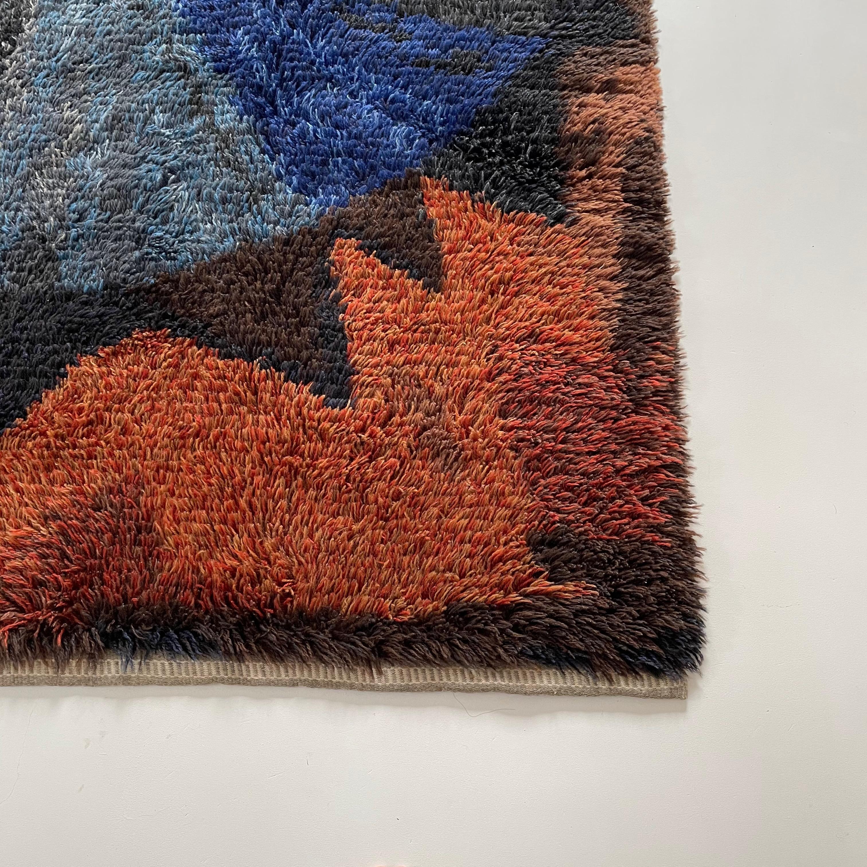 Swedish Abstract Scandinavian Multicolor High Pile Rya Rug Carpet, Sweden, 1960s For Sale