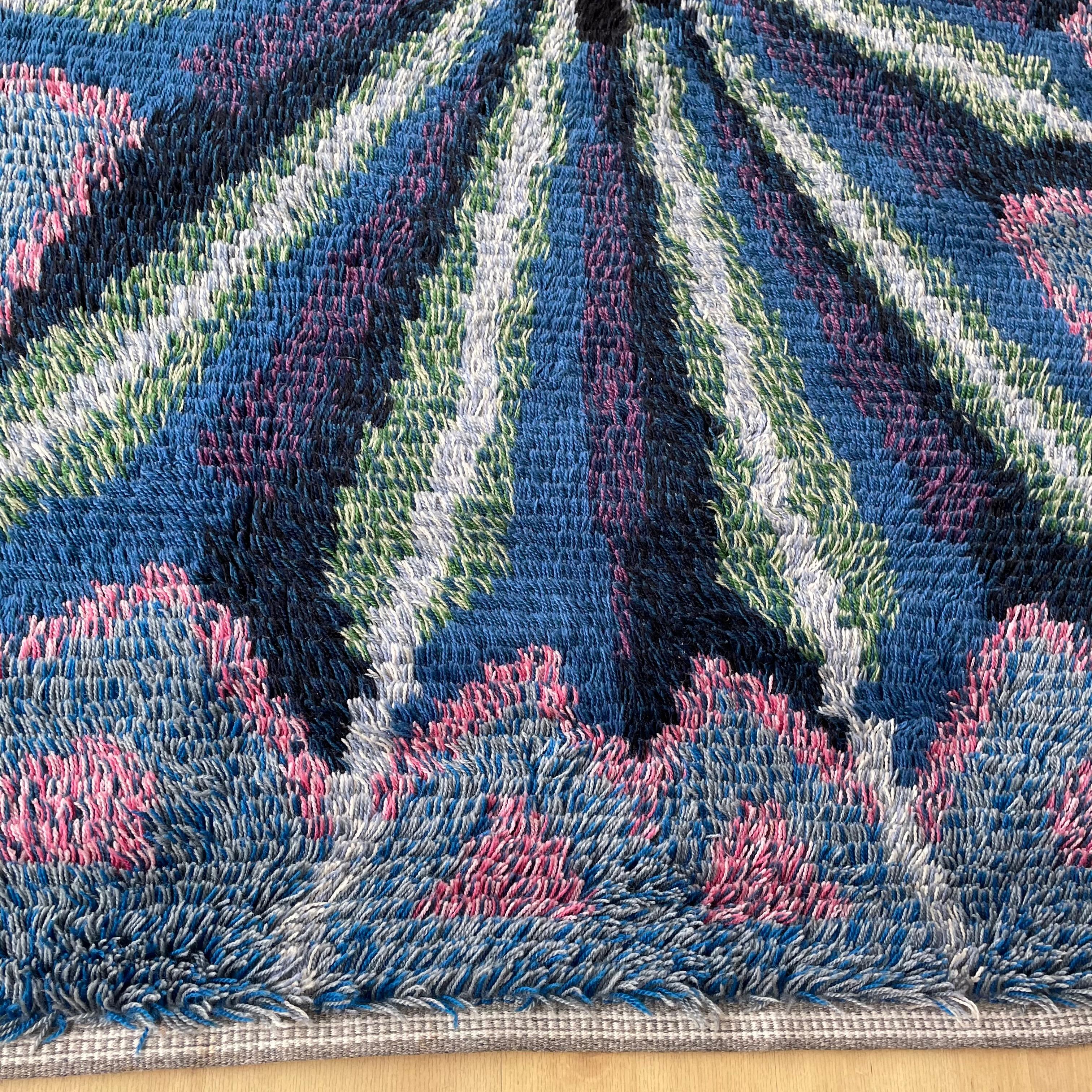 Swedish Abstract Scandinavian Multicolor High Pile Rya Rug Carpet, Sweden, 1960s For Sale