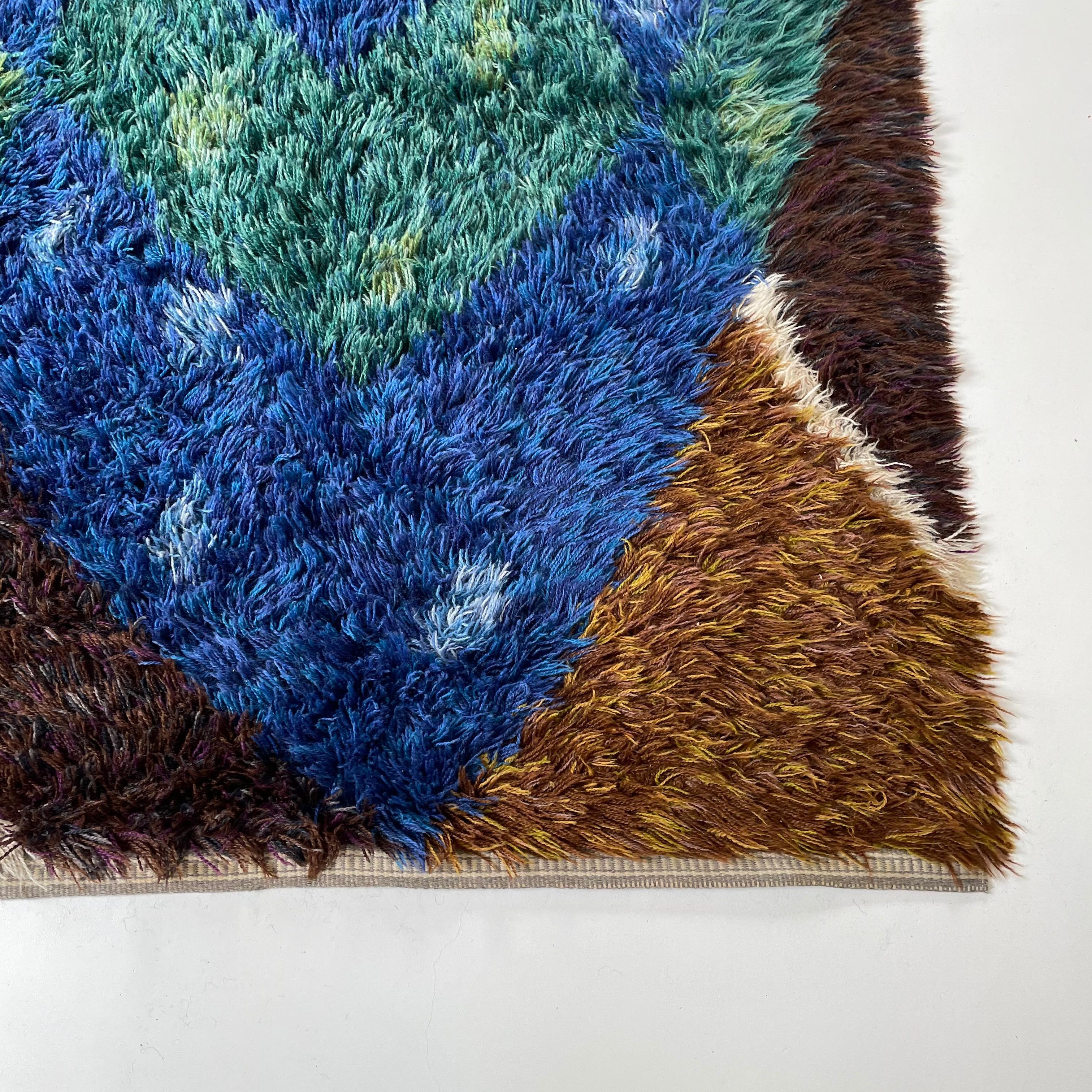 20th Century Abstract Scandinavian Multicolor High Pile Rya Rug Carpet, Sweden, 1960s For Sale