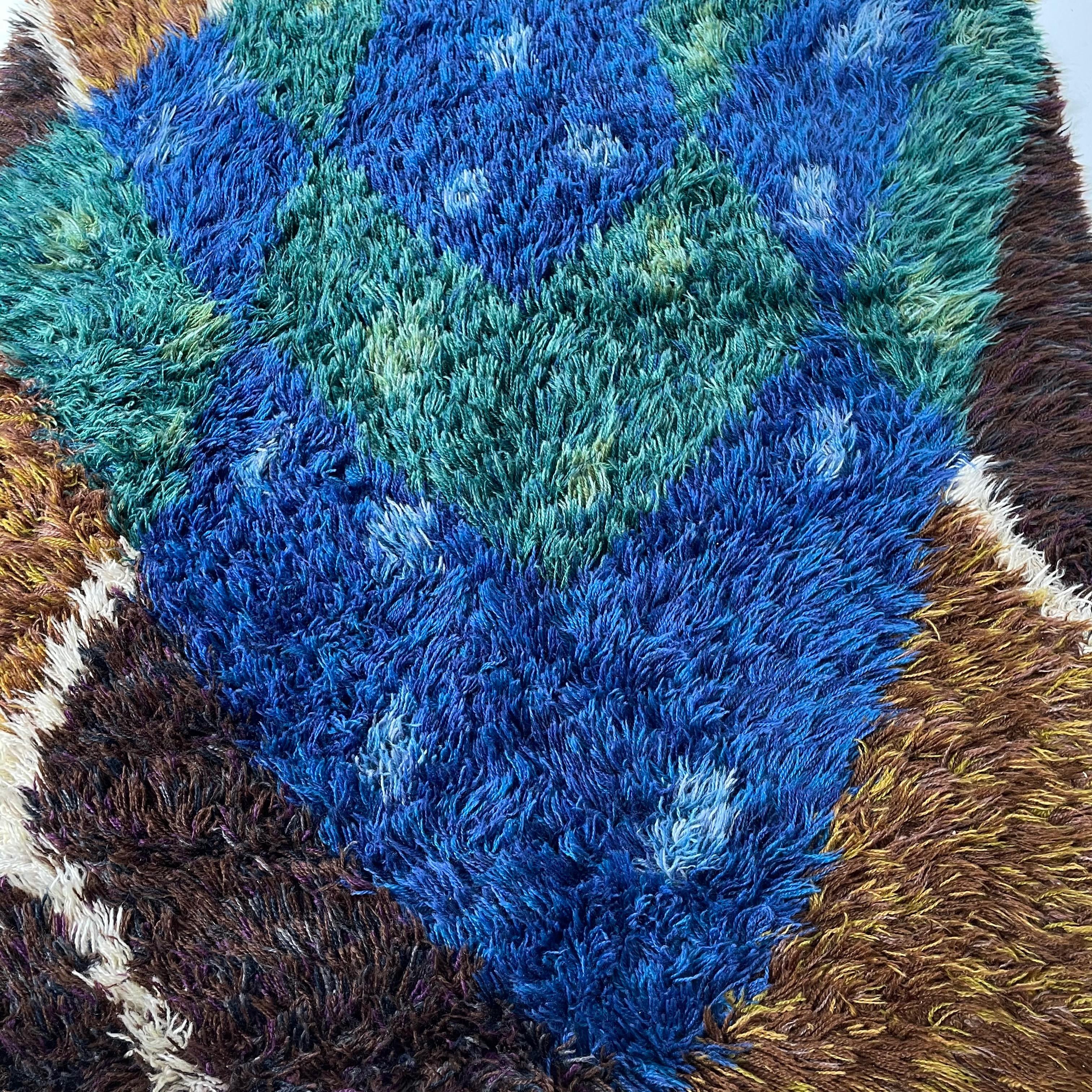 Wool Abstract Scandinavian Multicolor High Pile Rya Rug Carpet, Sweden, 1960s For Sale