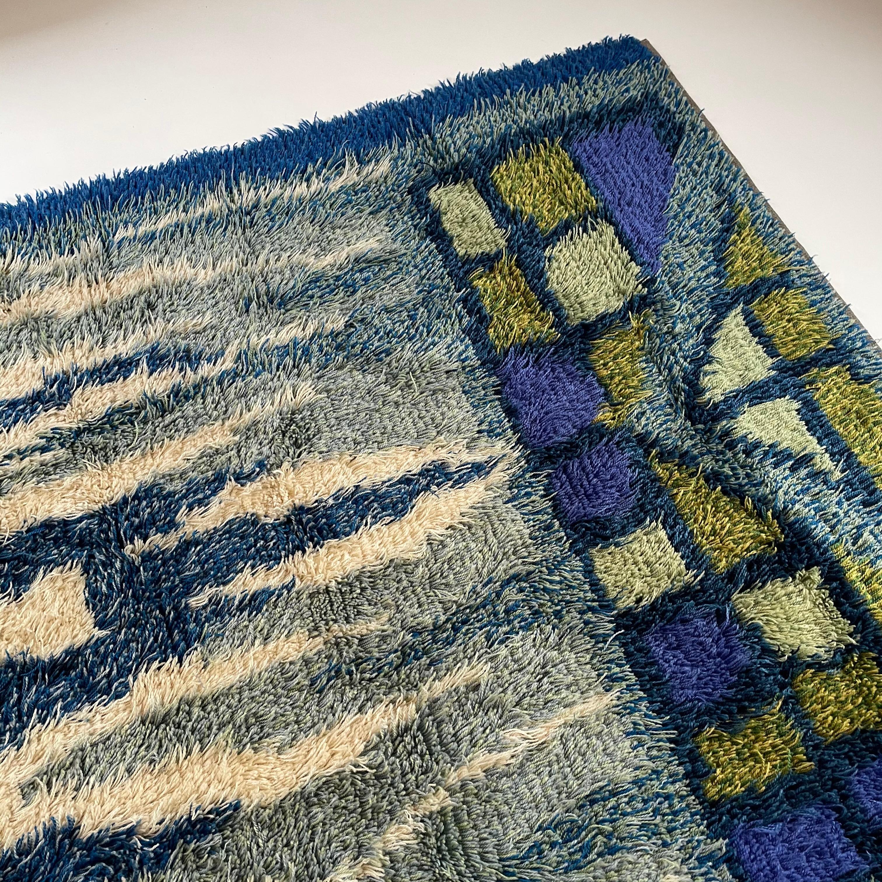 Wool Abstract Scandinavian Multicolor High Pile Rya Rug Carpet, Sweden, 1960s For Sale