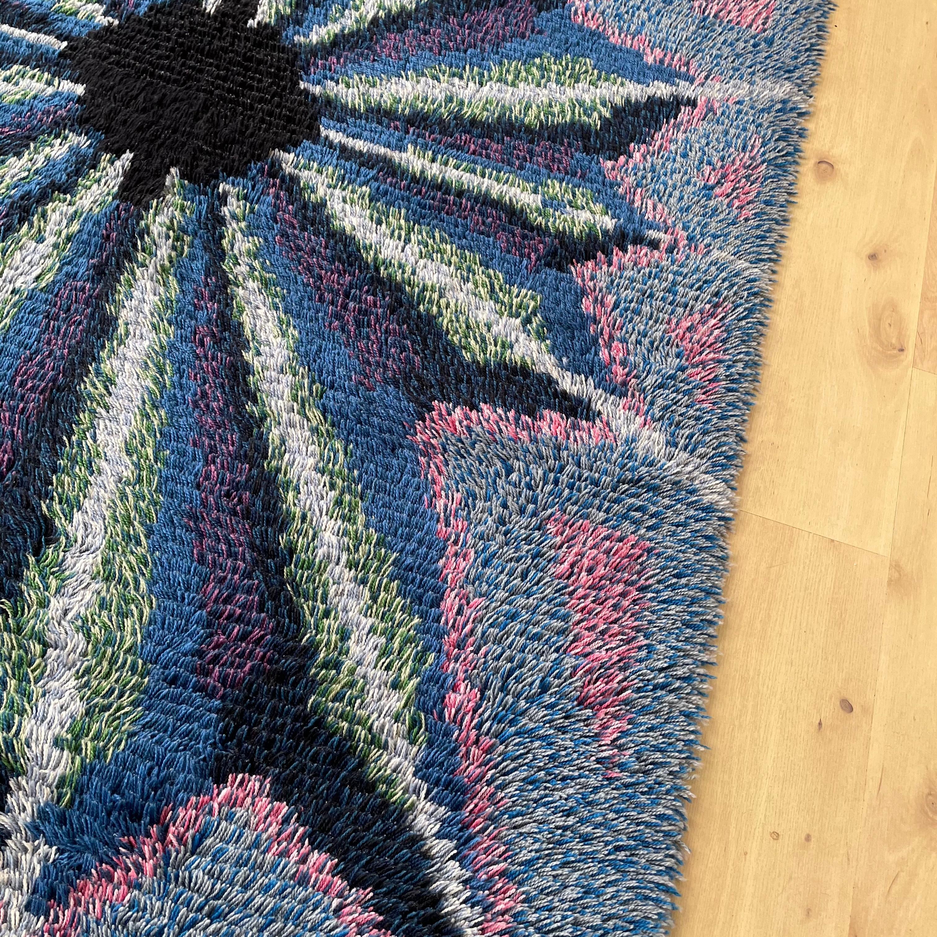 Abstract Scandinavian Multicolor High Pile Rya Rug Carpet, Sweden, 1960s For Sale 1