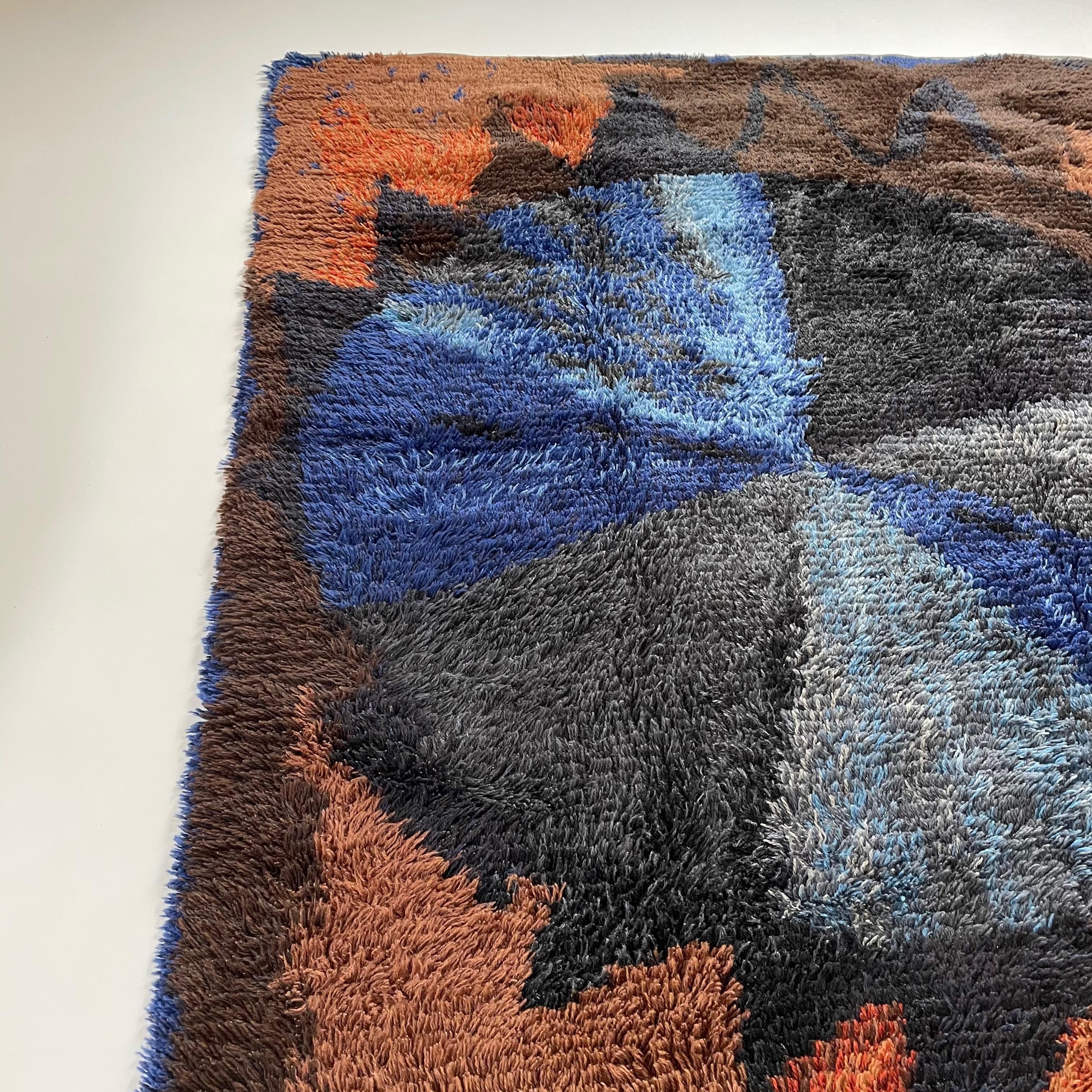 Abstract Scandinavian Multicolor High Pile Rya Rug Carpet, Sweden, 1960s For Sale 2