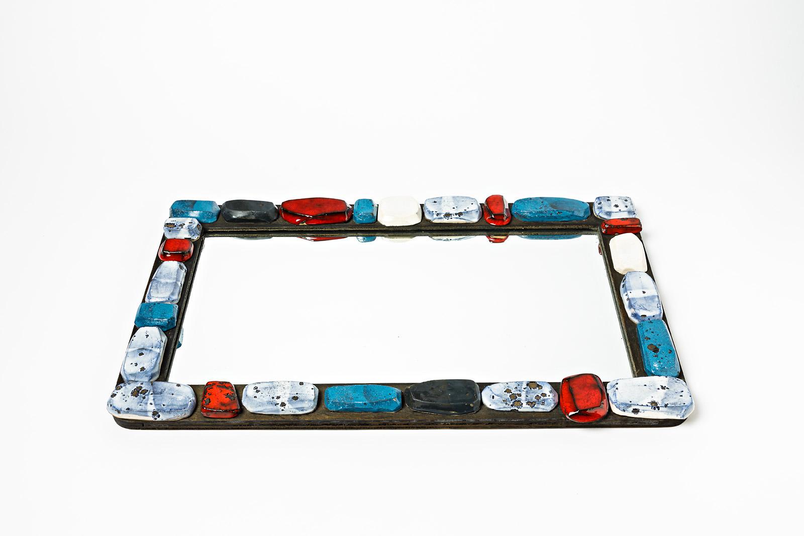 Mid-Century Modern Abstract Sculpture Ceramic Mirror by Klaus Schultz Red White and Blue Forms For Sale