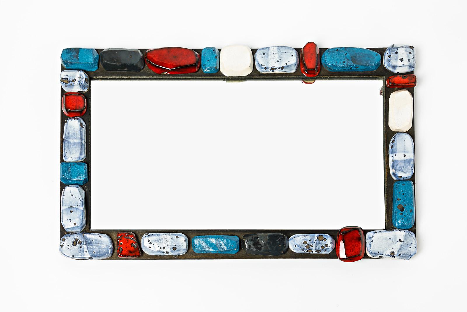 German Abstract Sculpture Ceramic Mirror by Klaus Schultz Red White and Blue Forms For Sale