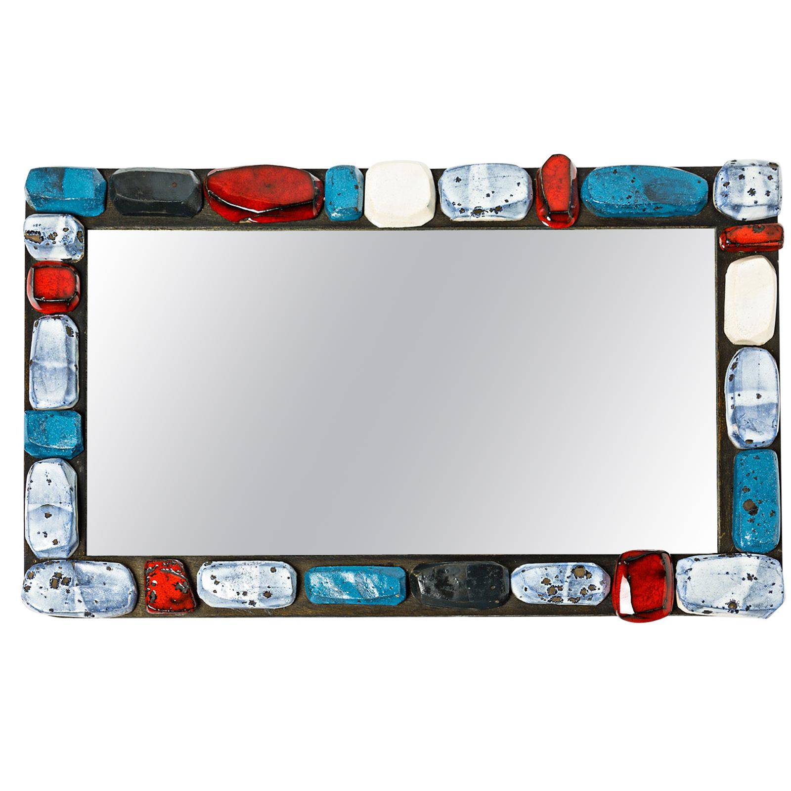 Abstract Sculpture Ceramic Mirror by Klaus Schultz Red White and Blue Forms For Sale