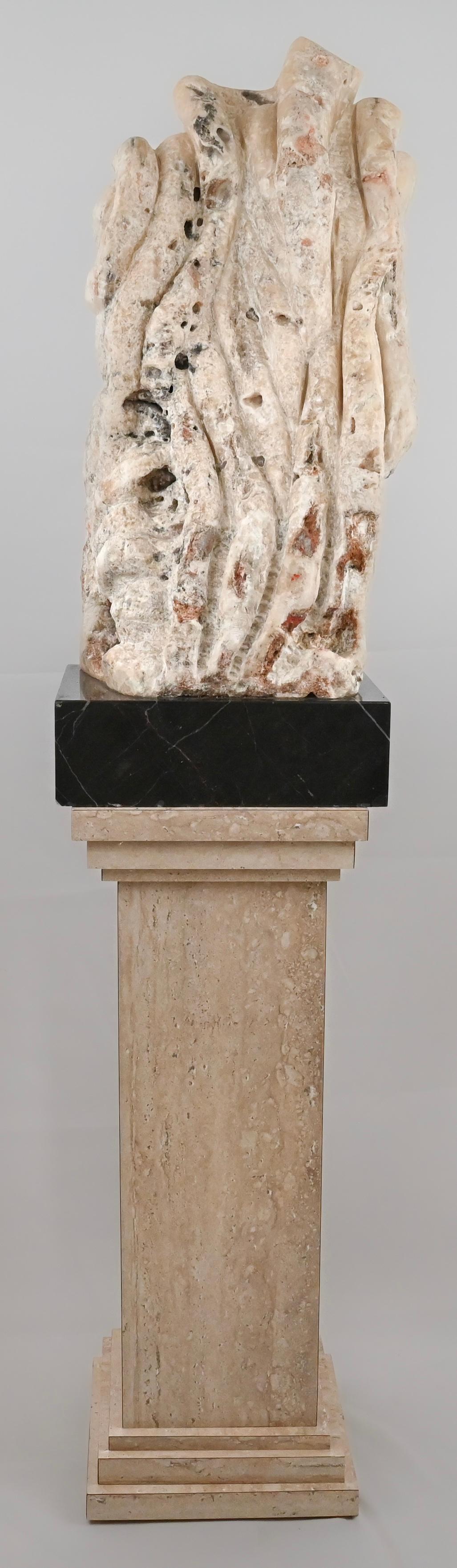 Organic Modern Abstract Stone Sculpture Chinese Scholar Stone on a Faux Marble Stand For Sale
