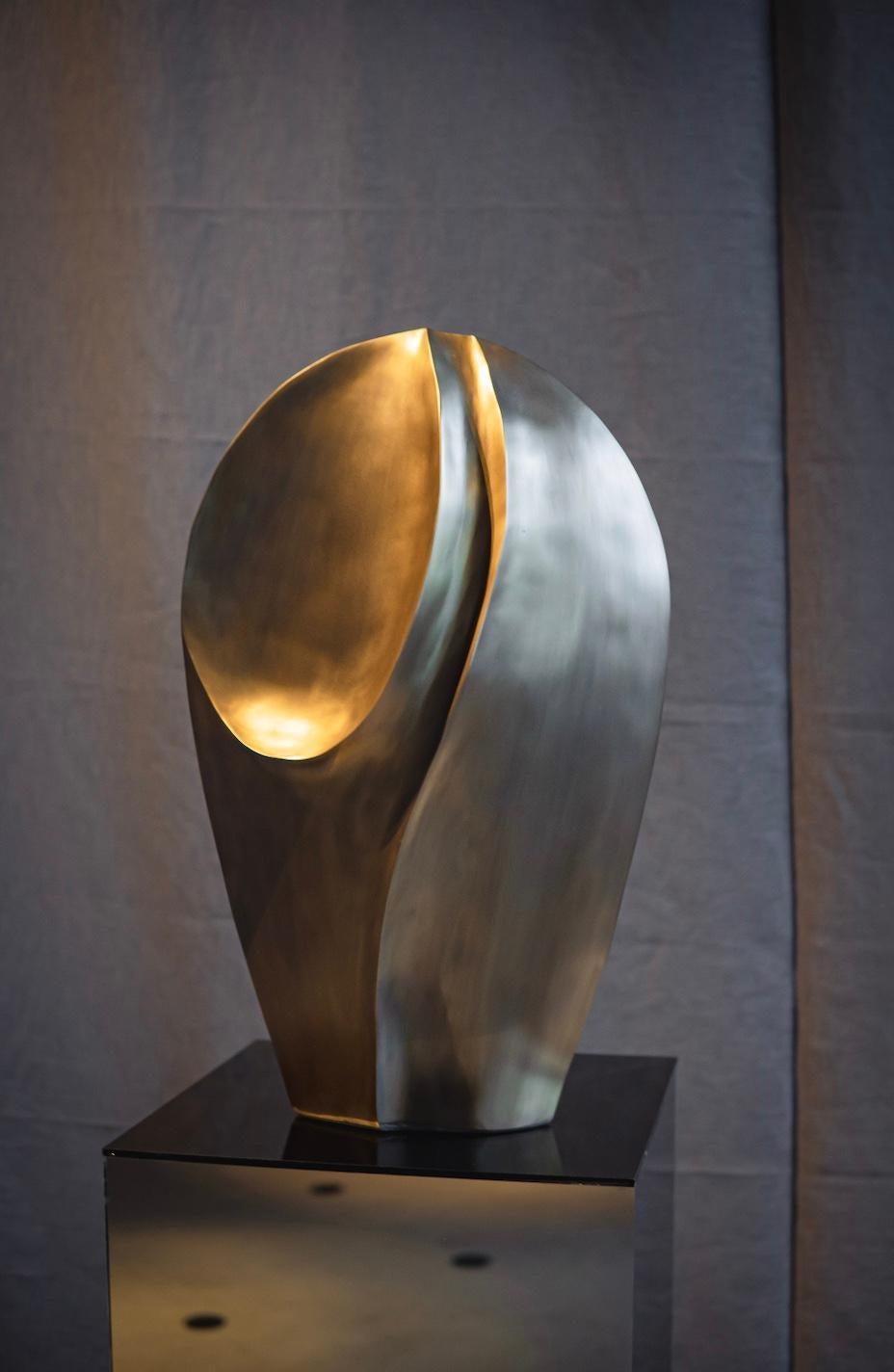 Hand-Crafted Abstract Sculpture in Bronze-Patina Brass by Patrick Coard Paris For Sale