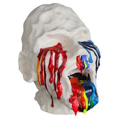 Used Sculpture Of A Head, Hand Crafted, Clay With Acrylic, Unknown Artist