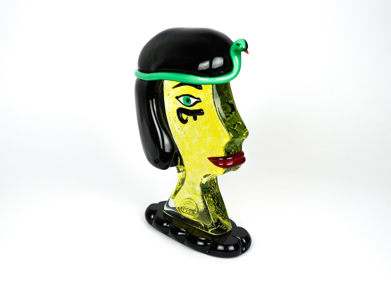 Moderno Abstract Sculpture Tribute to Pablo Picasso Head Cleopatra Murano Glass Badioli in vendita