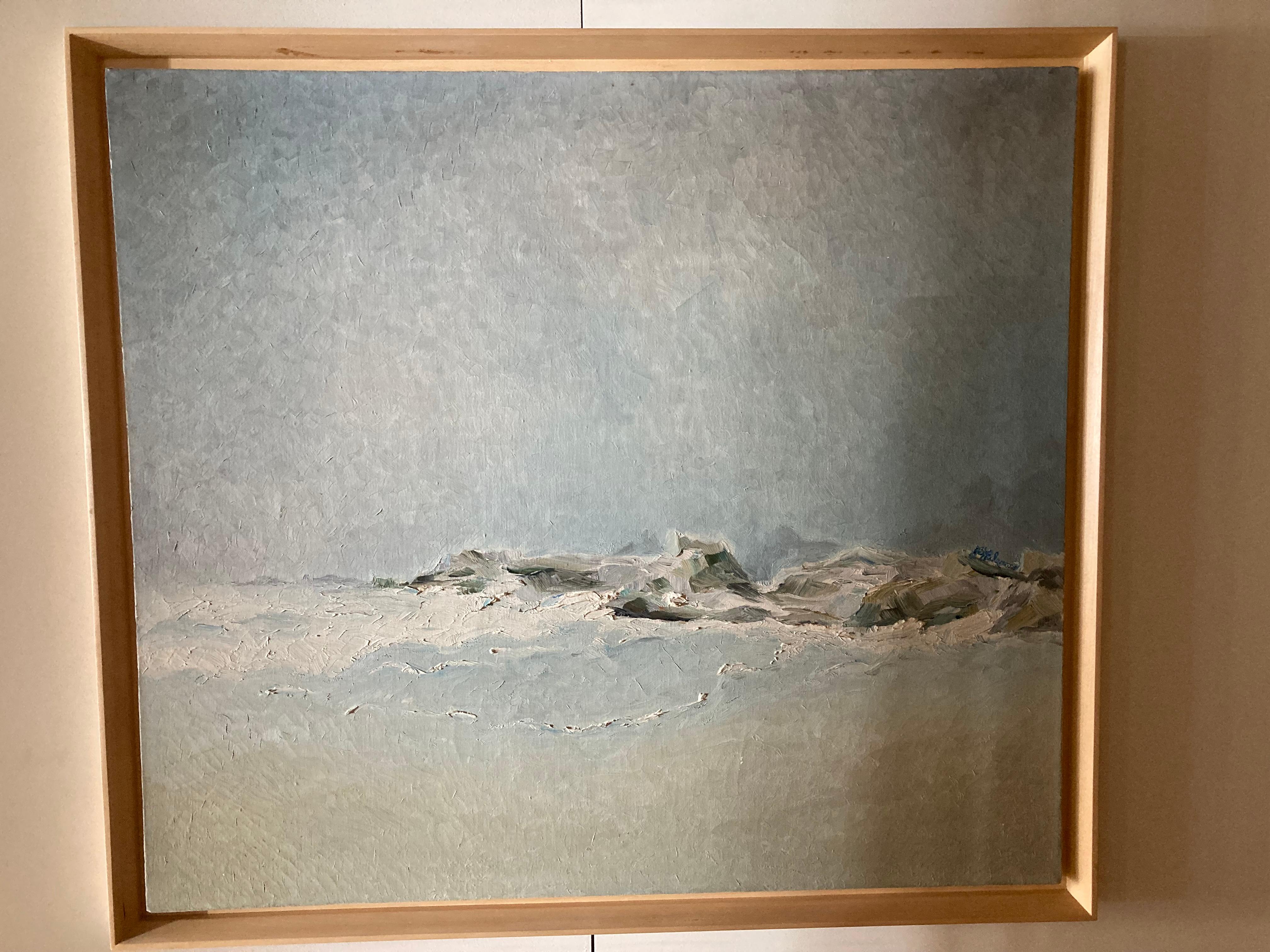 Wonderful abstract seascape painting, circa TBD
Acrylic on canvas with birch frame.
Subtle stokes of the brush marks creating texture on the canvas mimic the crashing of the waves on the outcropping of rocks. 
Artist Signed : Rich or Ruth Palermo