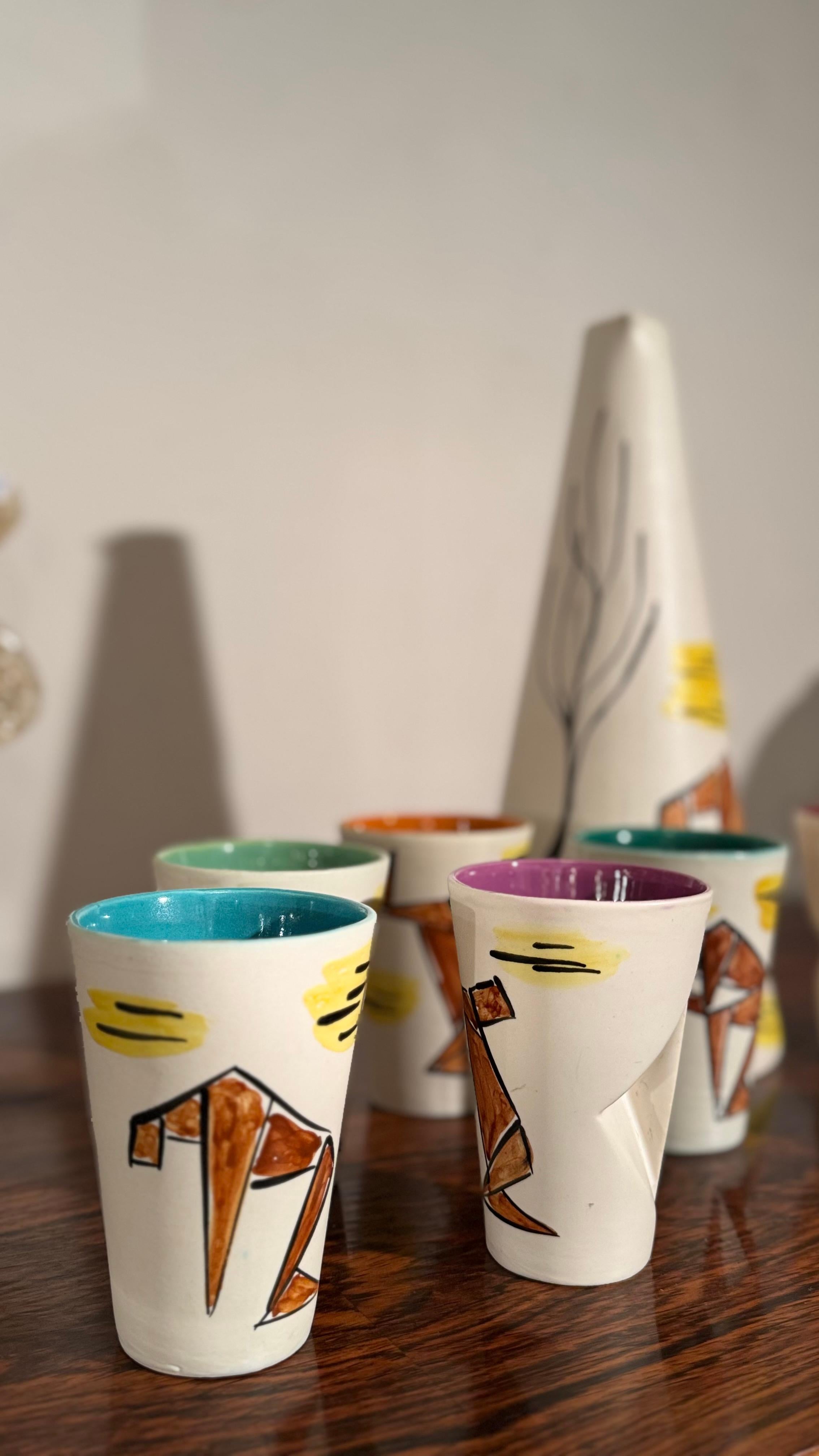 Abstract set of Six Ceramic Drinking Cups and a Jug by Vallauris, 1960s en vente 2