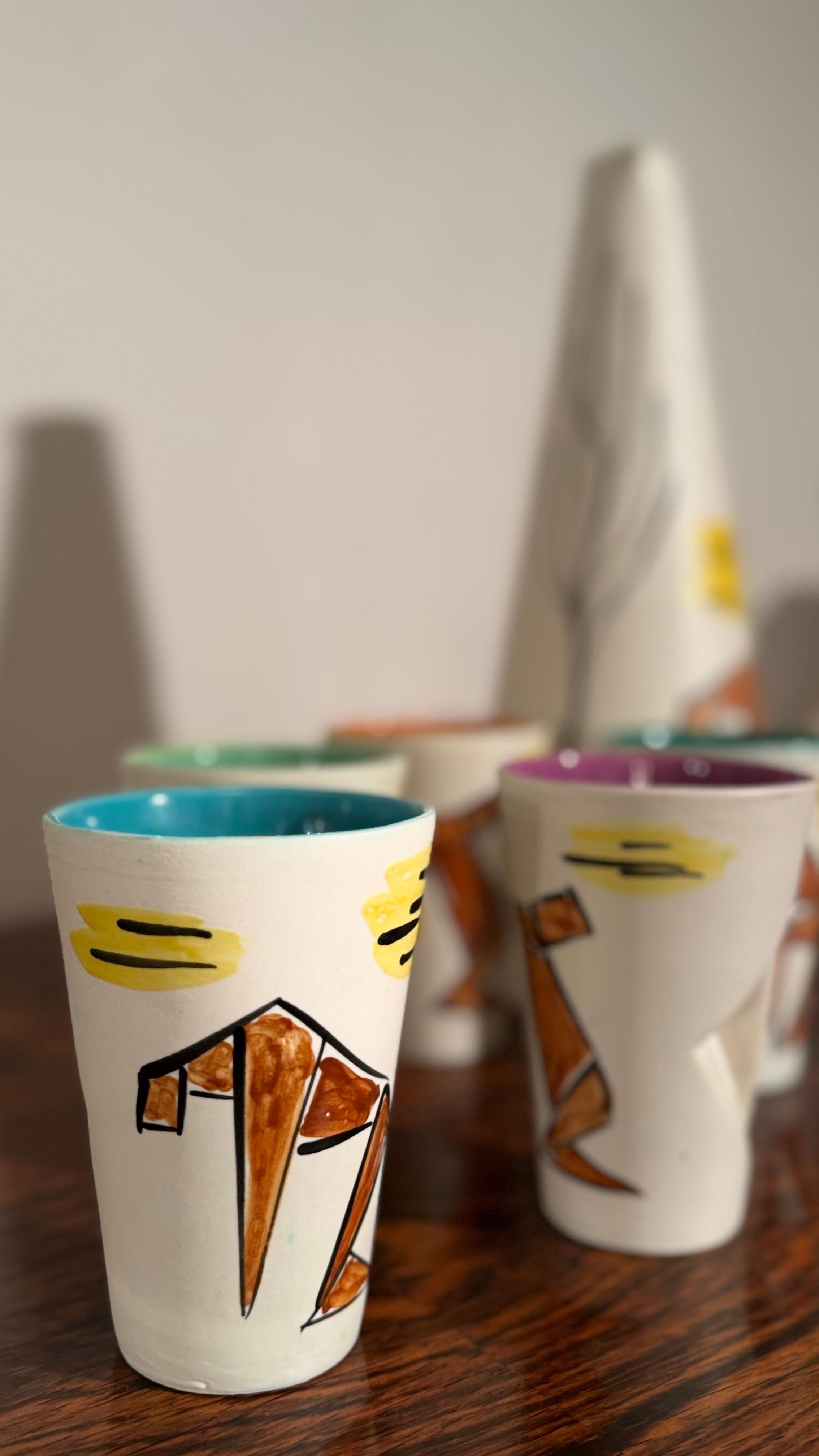 Abstract set of Six Ceramic Drinking Cups and a Jug by Vallauris, 1960s en vente 3