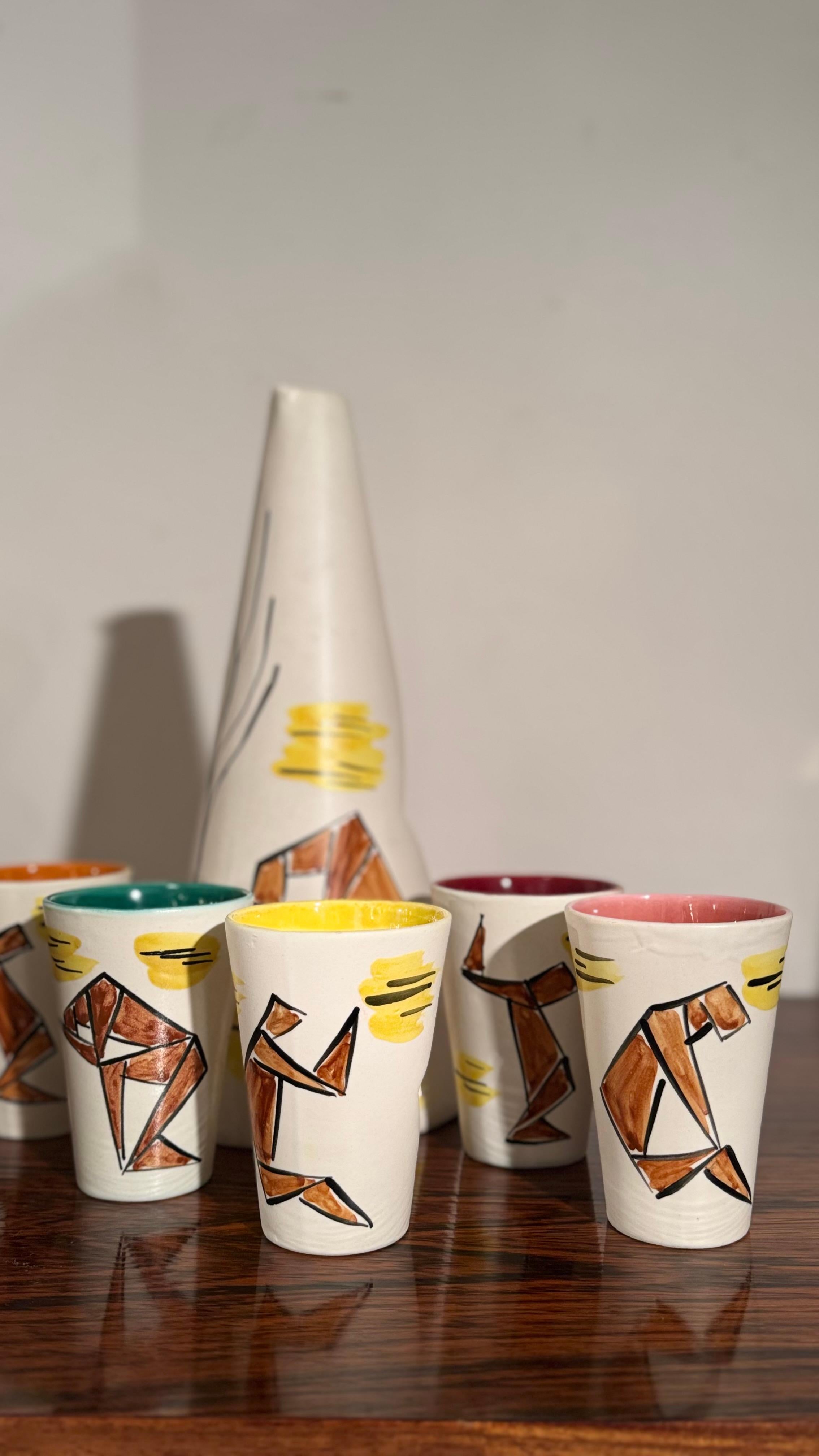 Abstract set of Six Ceramic Drinking Cups and a Jug by Vallauris, 1960s Bon état - En vente à Antwerp, BE