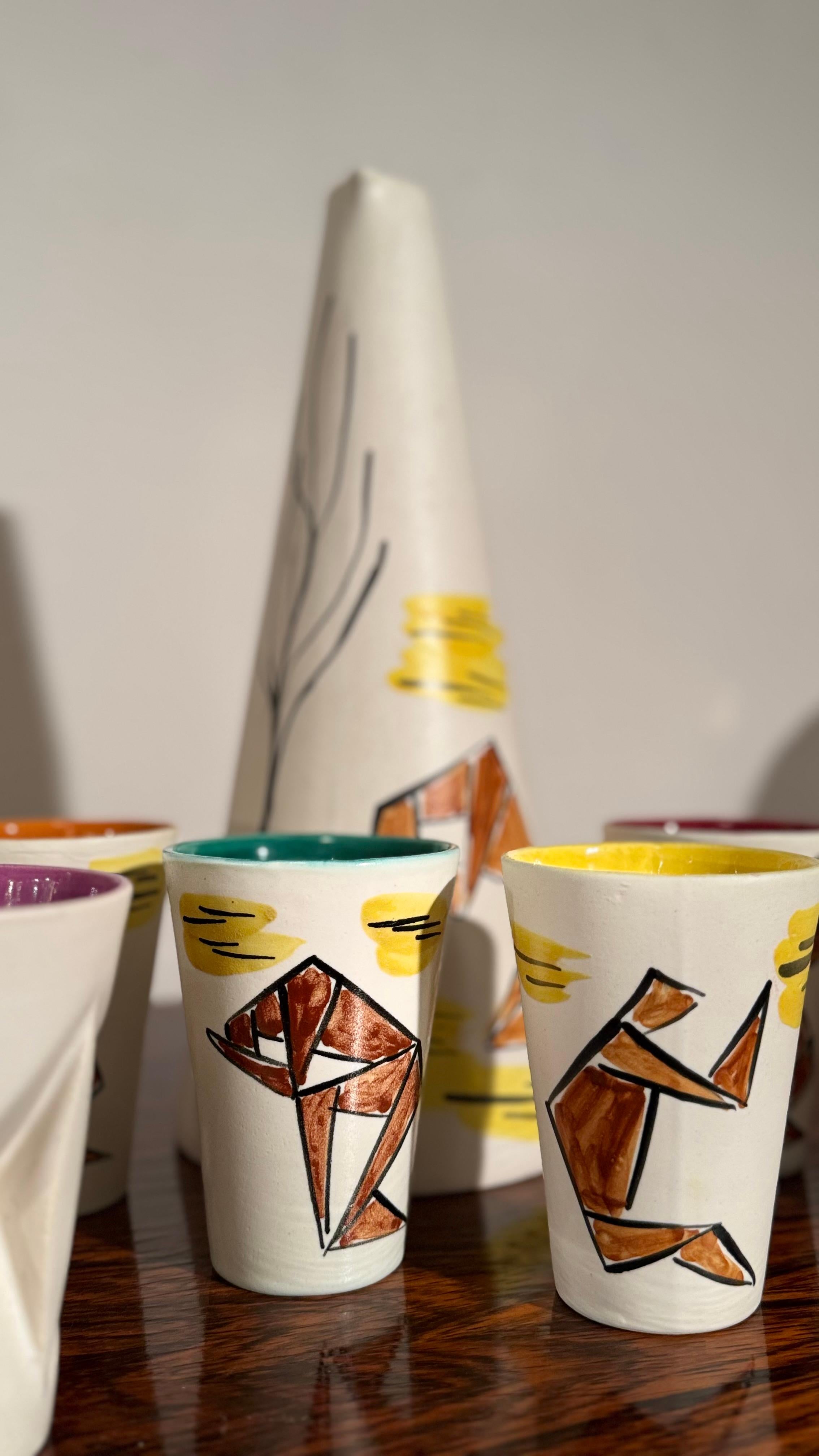 Milieu du XXe siècle Abstract set of Six Ceramic Drinking Cups and a Jug by Vallauris, 1960s en vente