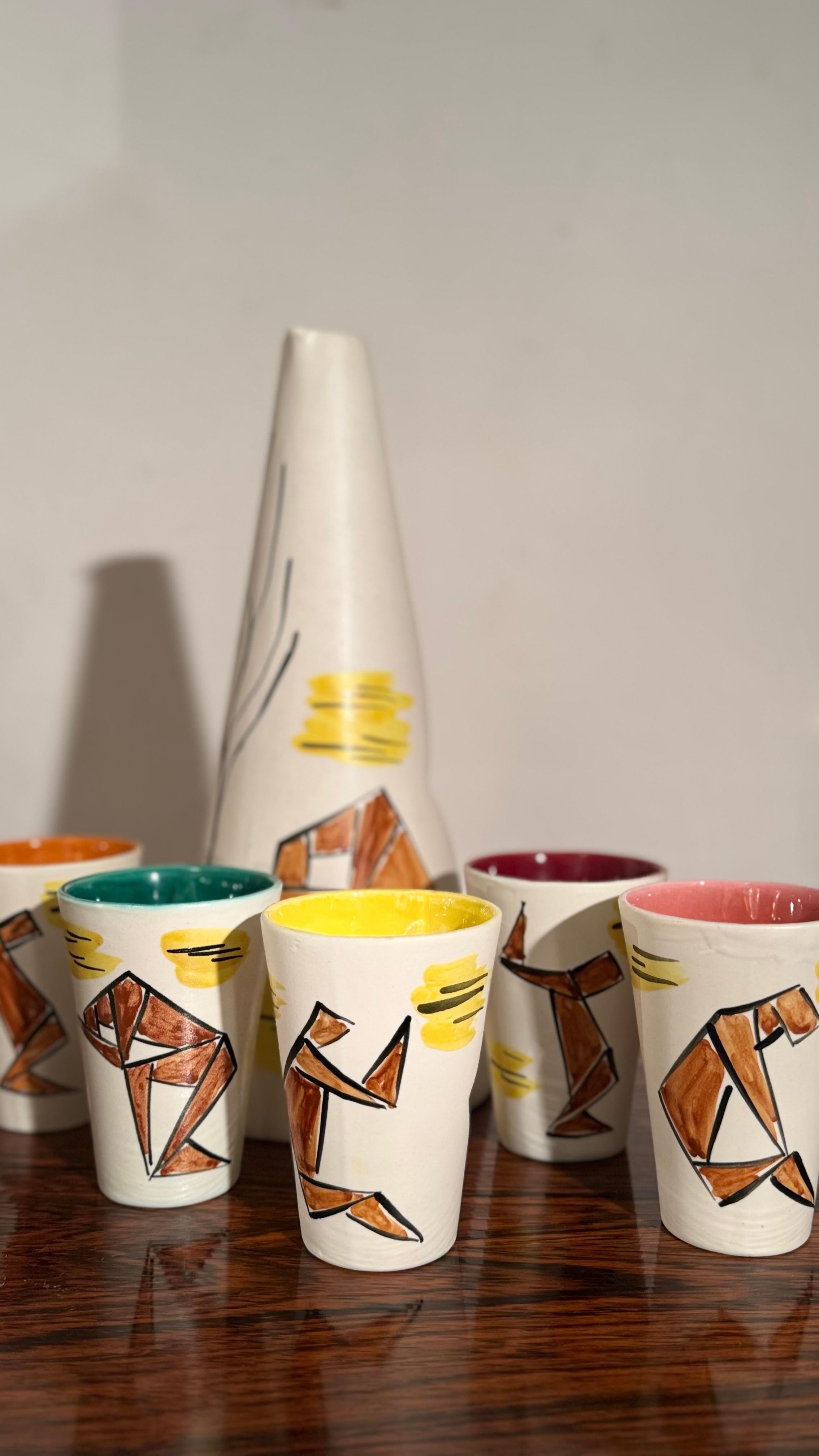 Céramique Abstract set of Six Ceramic Drinking Cups and a Jug by Vallauris, 1960s en vente