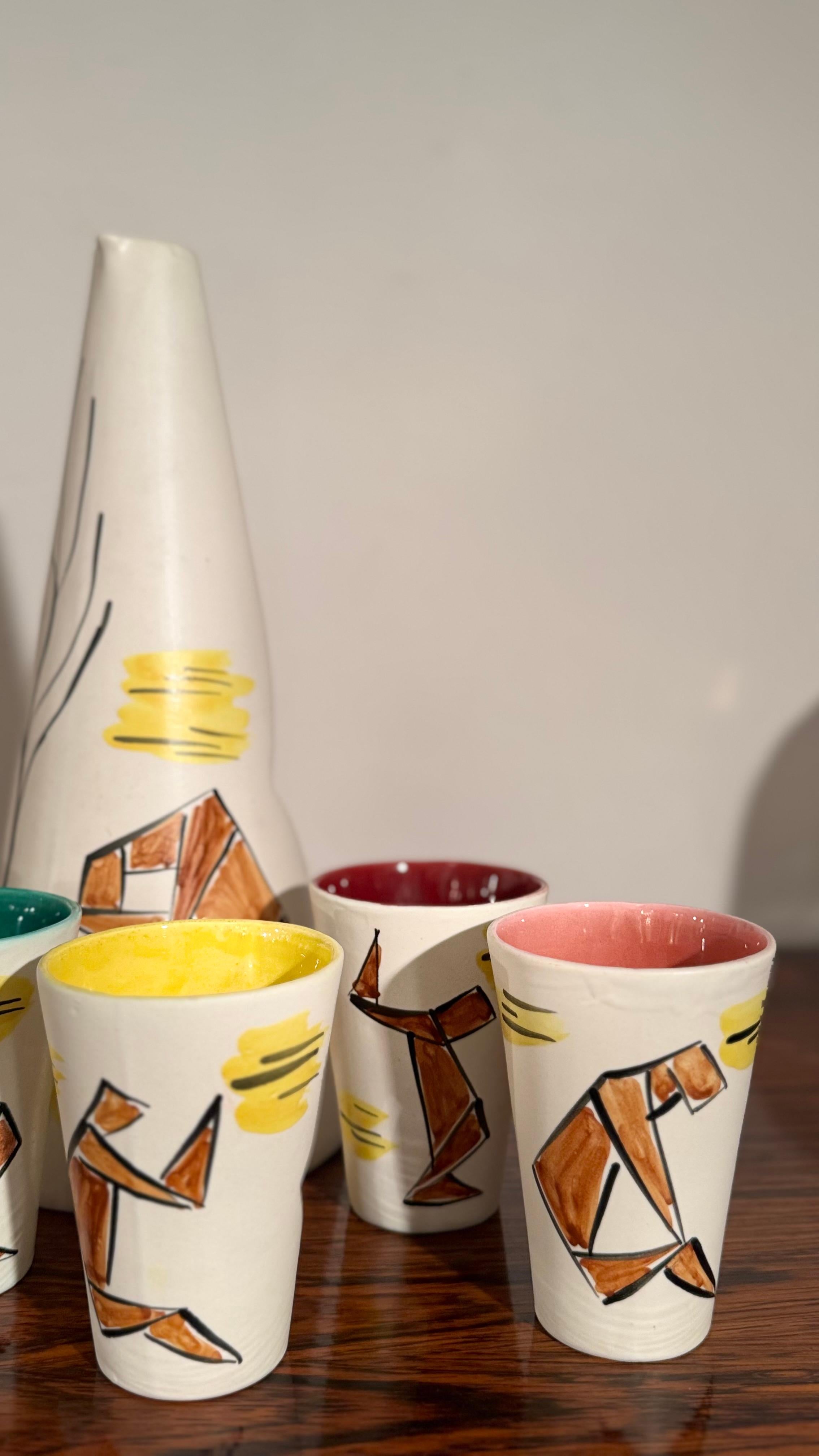 Abstract set of Six Ceramic Drinking Cups and a Jug by Vallauris, 1960s en vente 1