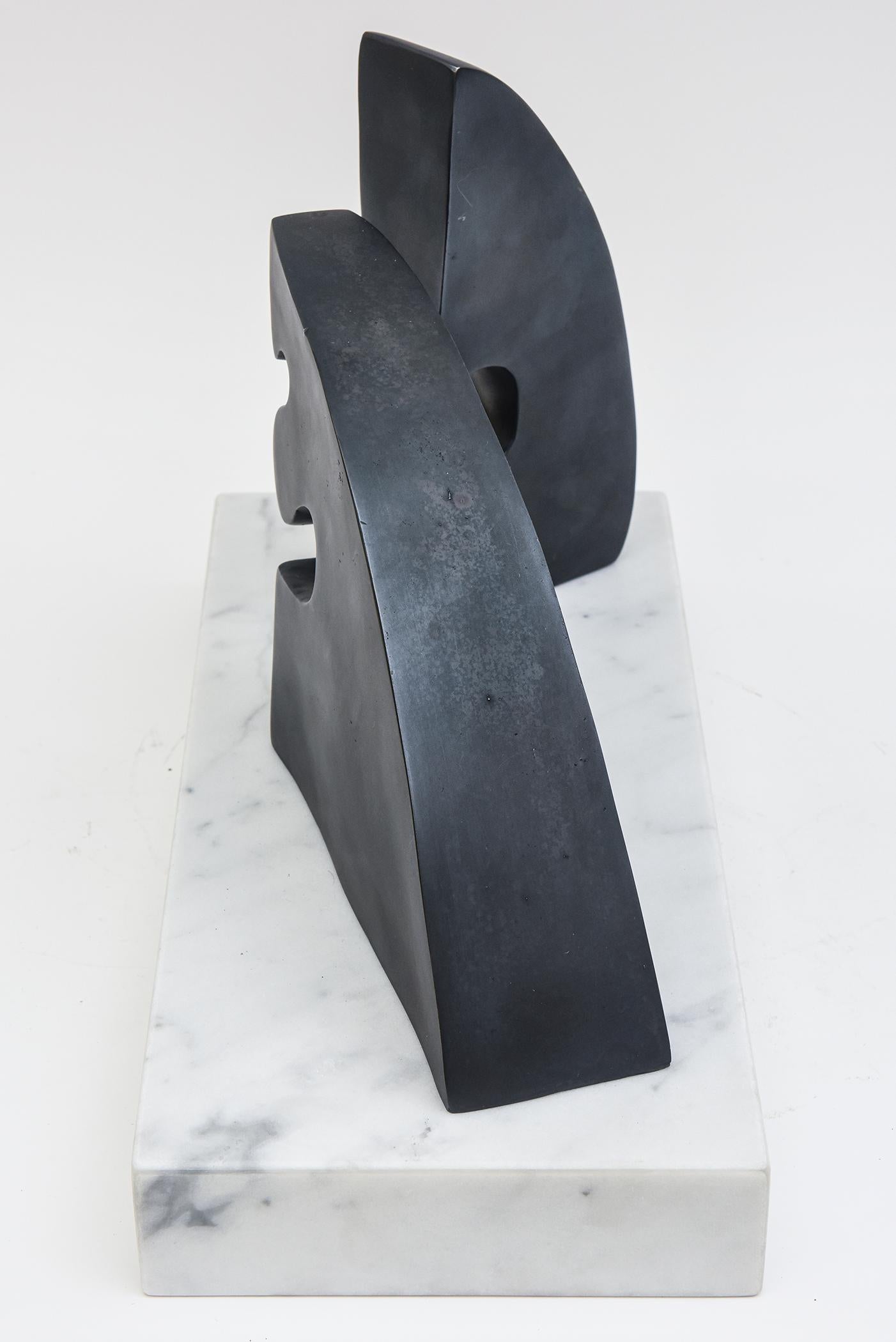Late 20th Century  Signed Abstract Arp Style Bronze Sculpture on White Carrara Marble Base Vintage For Sale