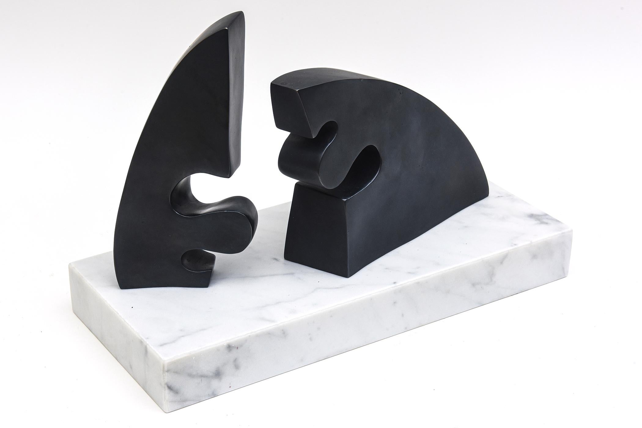  Signed Abstract Arp Style Bronze Sculpture on White Carrara Marble Base Vintage For Sale 1