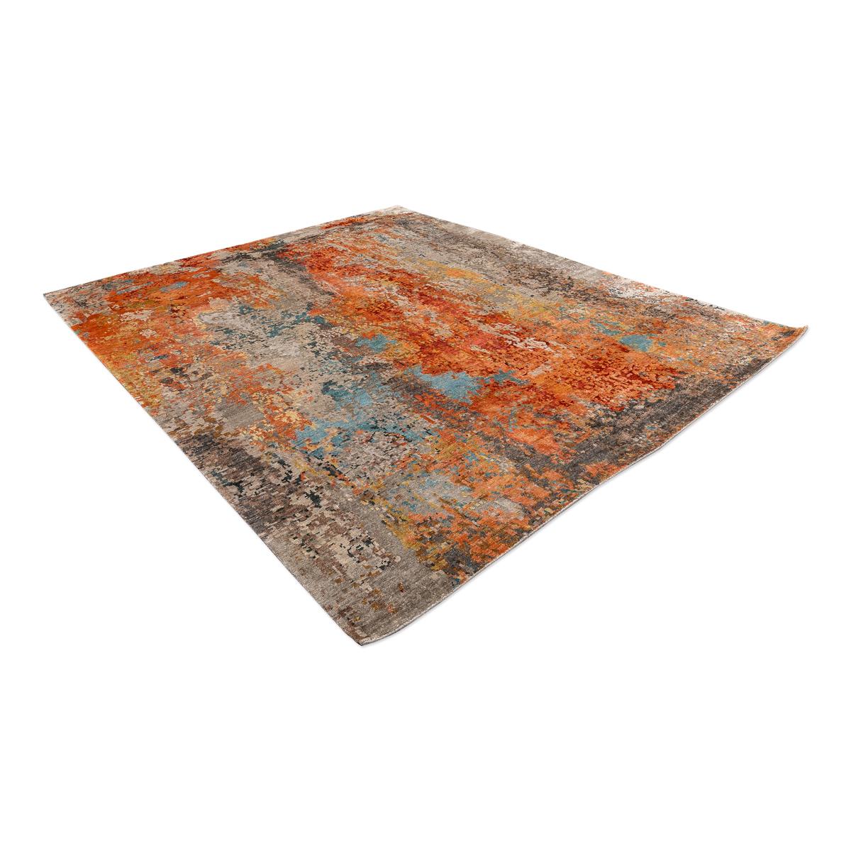 Moderne Tapis abstrait en soie et laine:: design en couleurs douces sur orange et gris