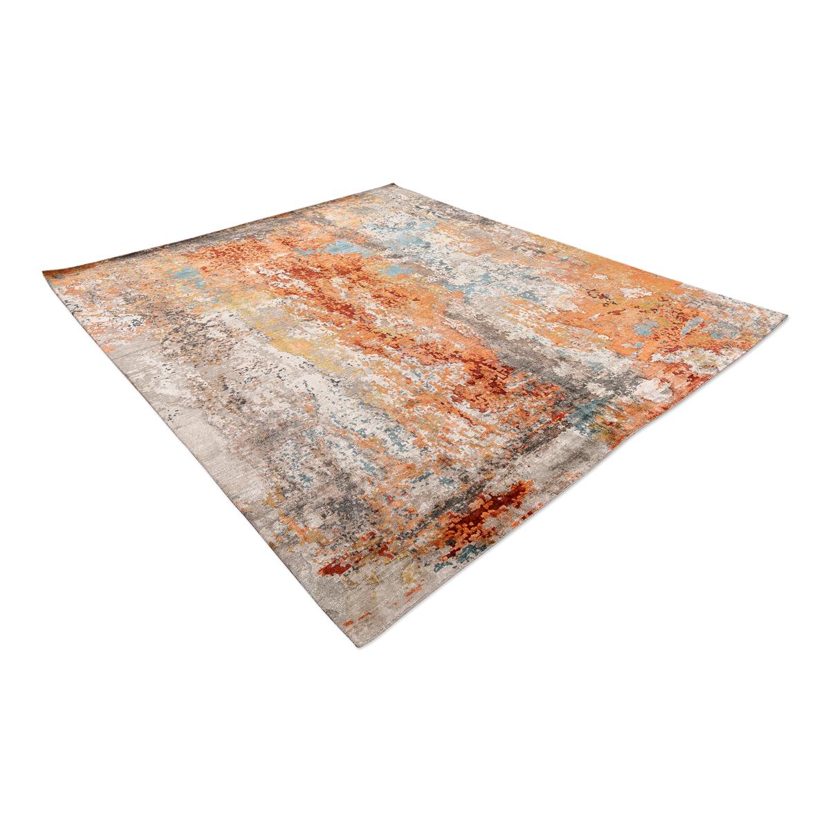Pakistanais Tapis abstrait en soie et laine:: design en couleurs douces sur orange et gris