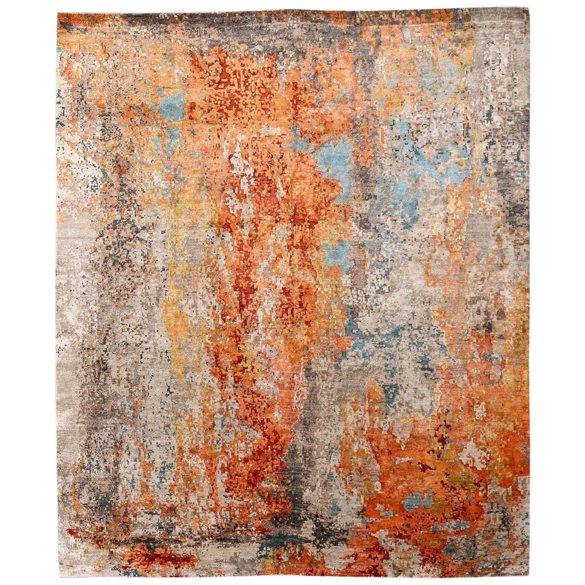 Tapis abstrait en soie et laine:: design en couleurs douces sur orange et gris