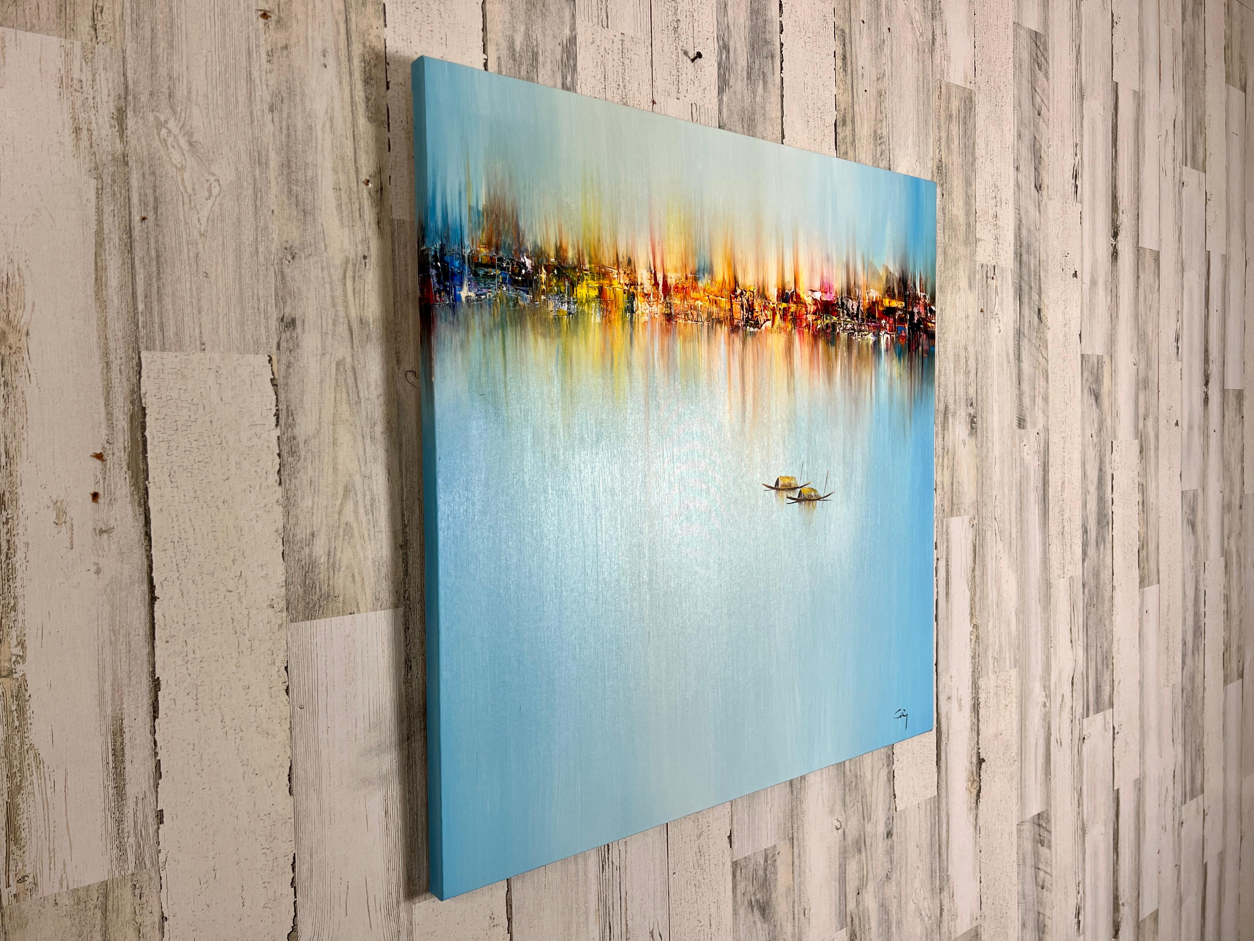 Modern Abstract Skyline Harbor Painting  For Sale
