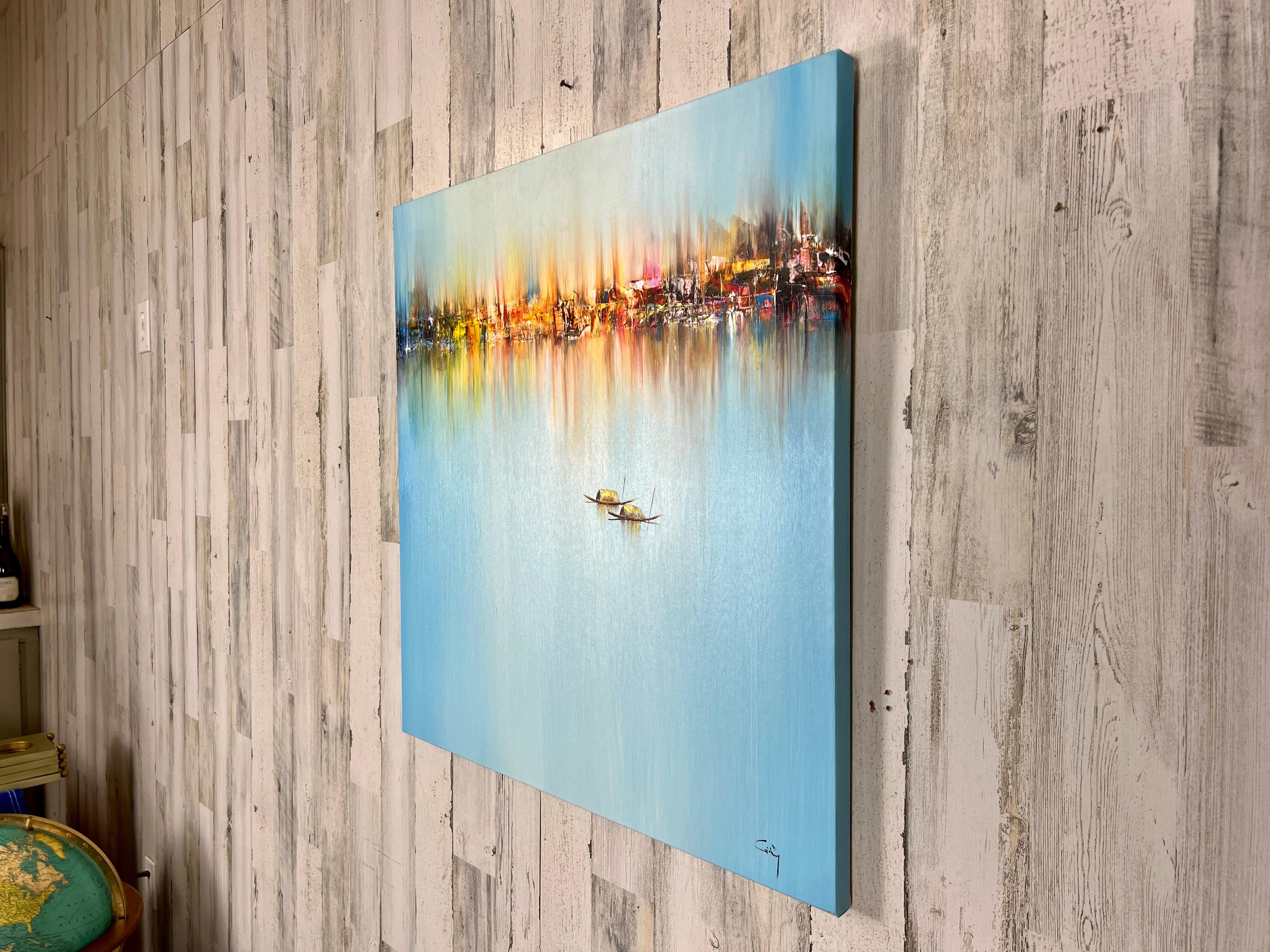 Abstract Skyline Harbor Painting  In Excellent Condition For Sale In Denton, TX