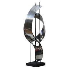 Vintage Abstract space Age sculpture in sheet metal on wooden base, France 1970s