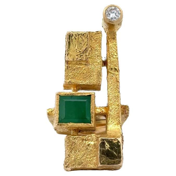  Abstract Statement 4 Carat Emerald and RBC Diamond Art Leighton Gold Ring For Sale