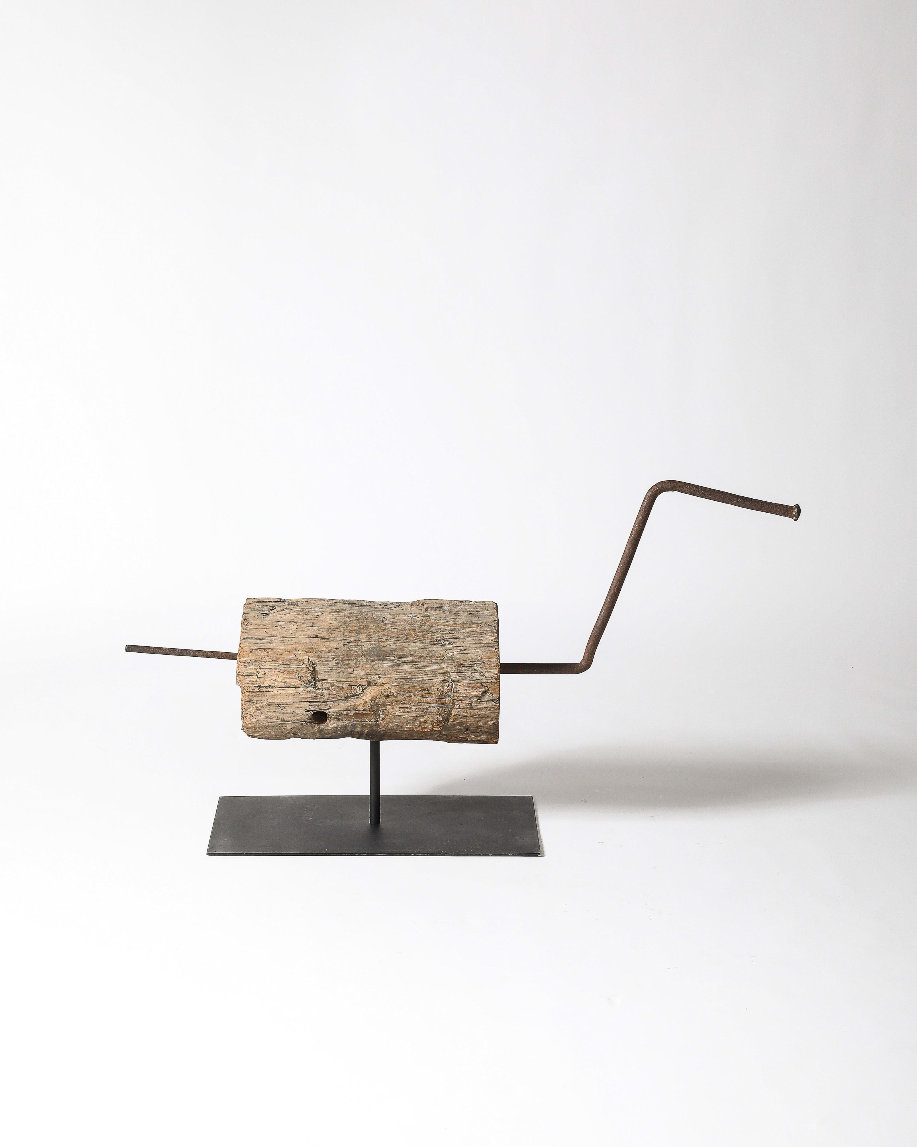 Abstract Steel and Wood Sculpture on Stand For Sale 2