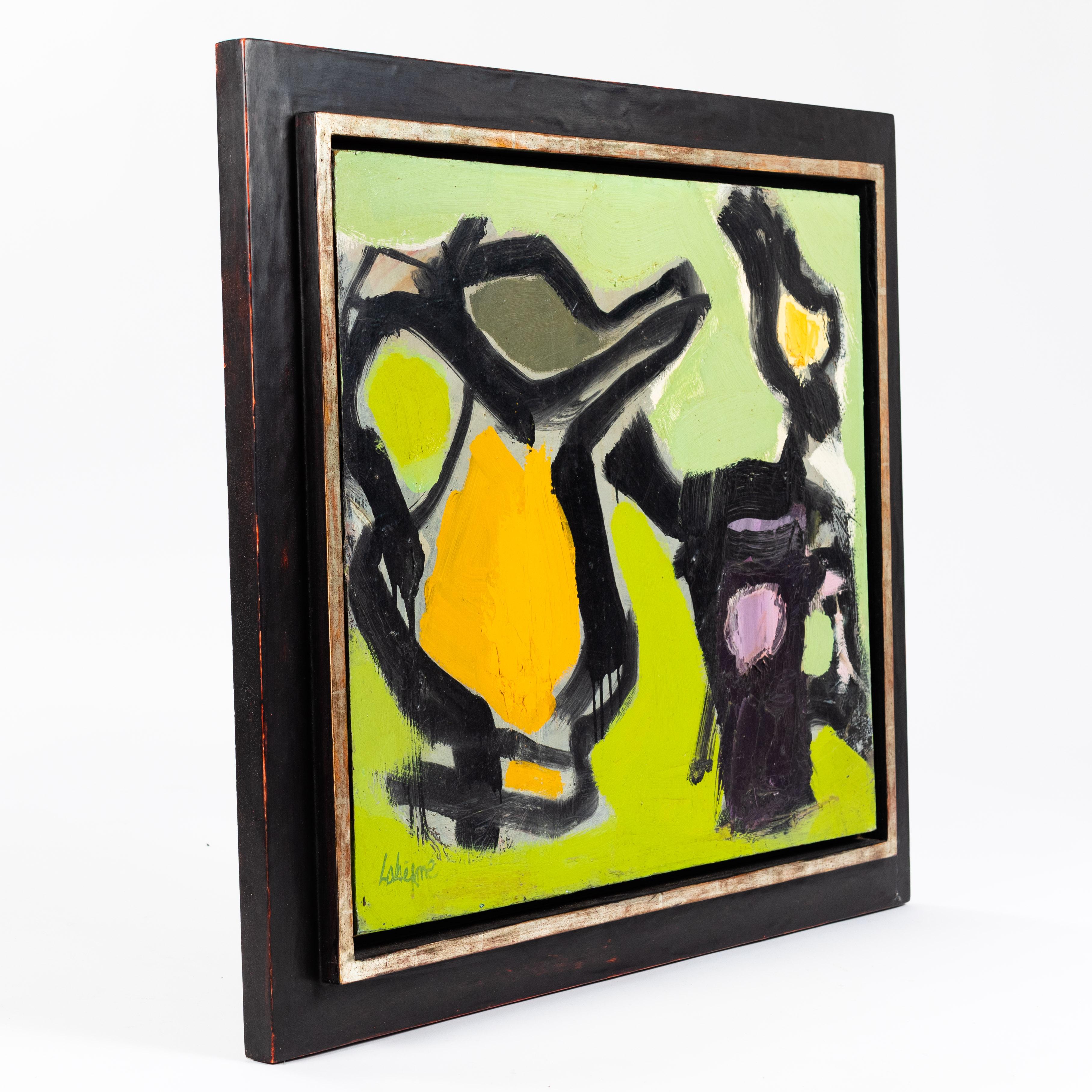 Abstraktes Gemälde in grün-schwarz-orange Farben von Serge Labégorre - professionell gerahmt
Leidenschaftliches, mit dicken Pinselstrichen aus Acrylfarbe gestaltetes Stillleben, das durch die schwarze Umrahmung der Objekte noch plastischer und