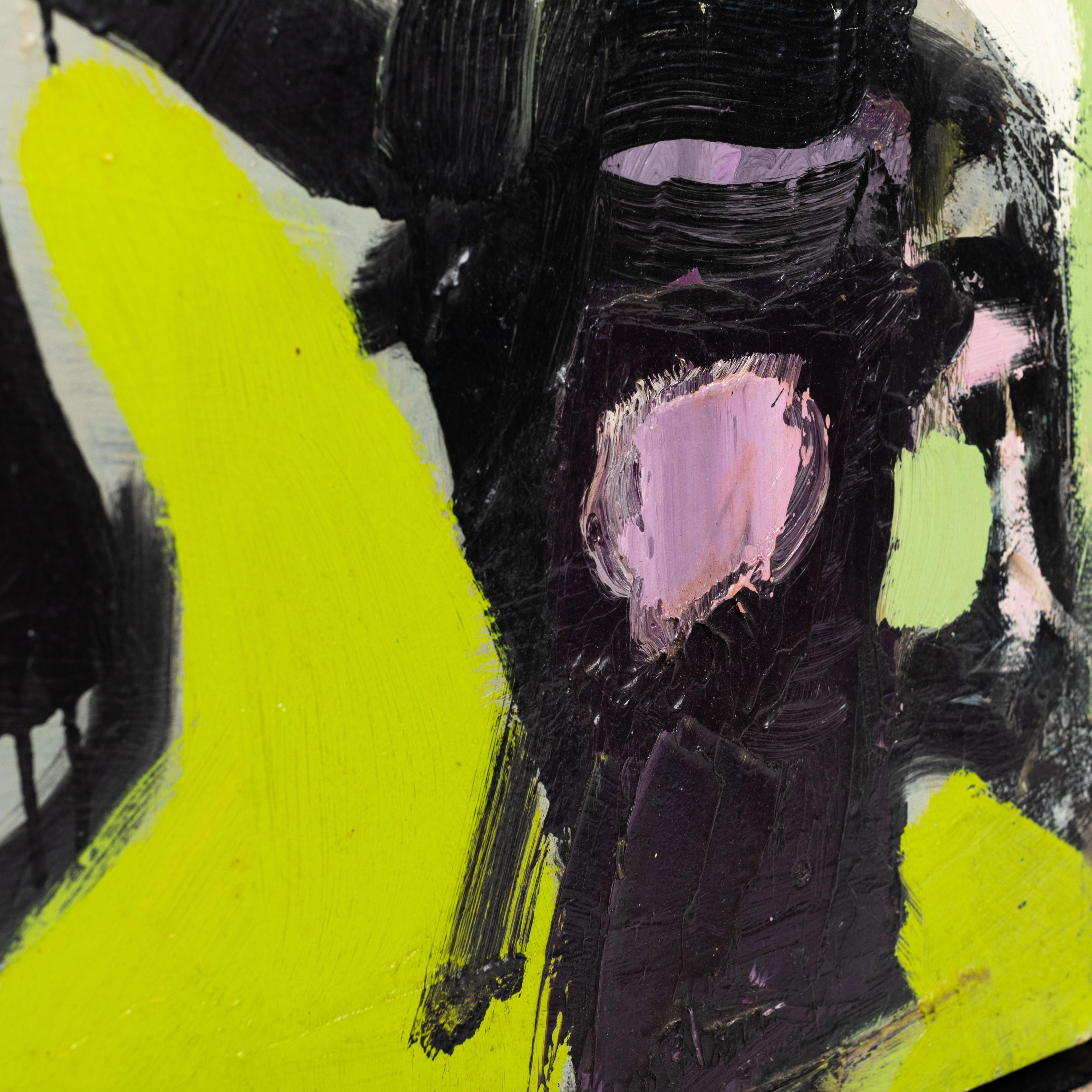 Abstraktes Stilleben in grün-orange-schwarz des französischen Malers Serge Labégorre (Französisch) im Angebot