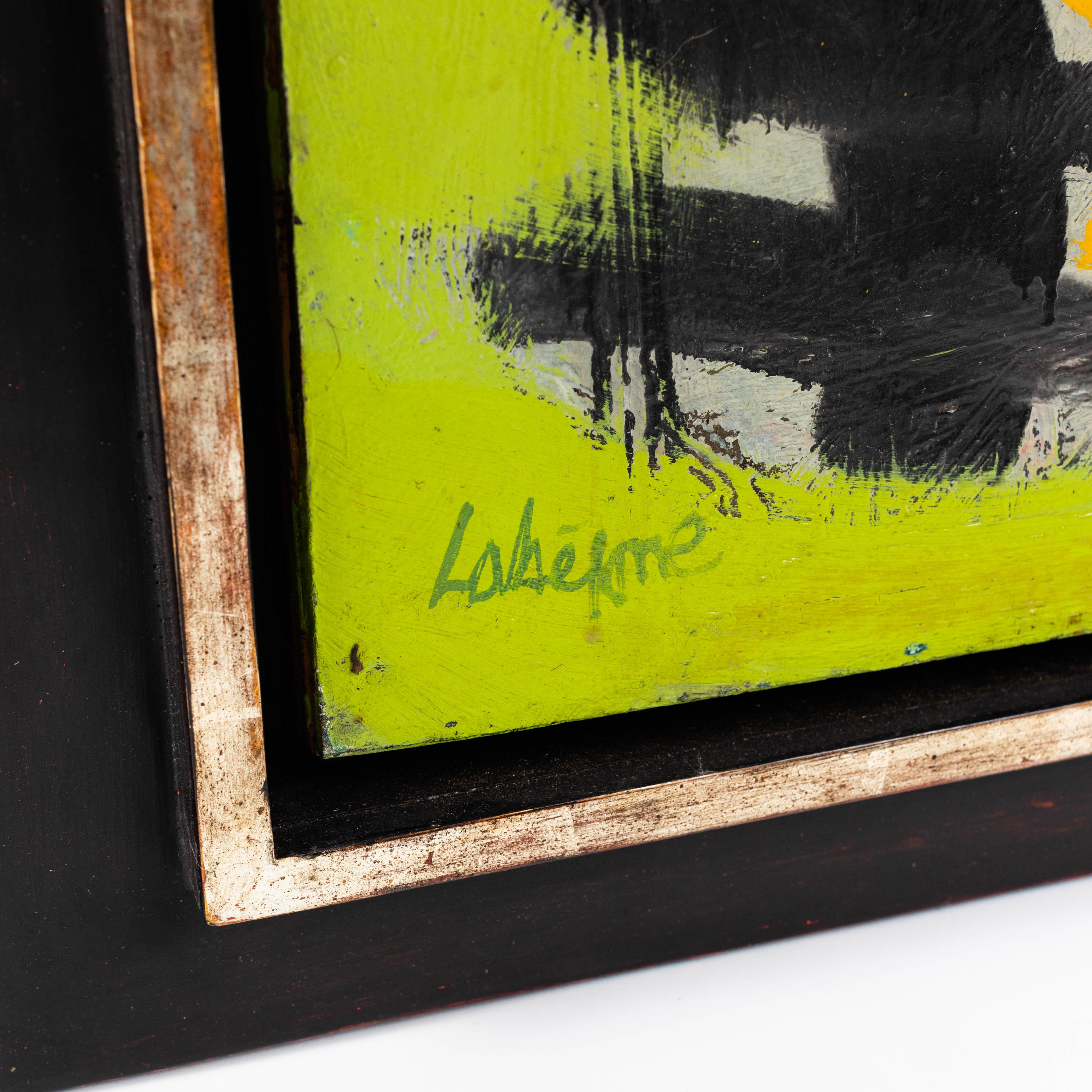 Abstraktes Stilleben in grün-orange-schwarz des französischen Malers Serge Labégorre (Handbemalt) im Angebot
