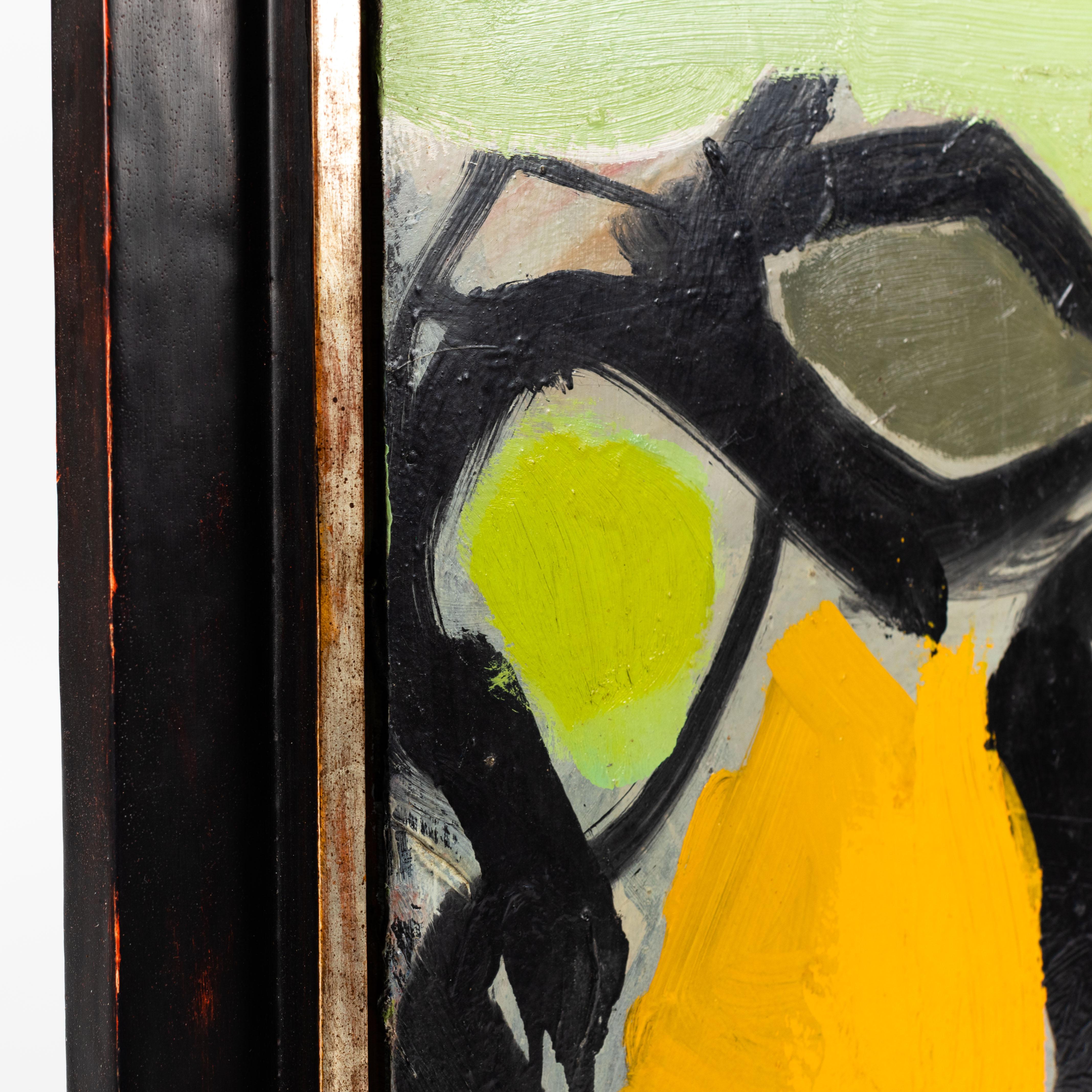 Mid-Century Modern Nature morte abstraite en vert-orange-noir du peintre français Serge Labégorre en vente