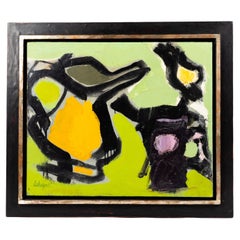 Abstract still life in green-orange-black by the French painter Serge Labégorre