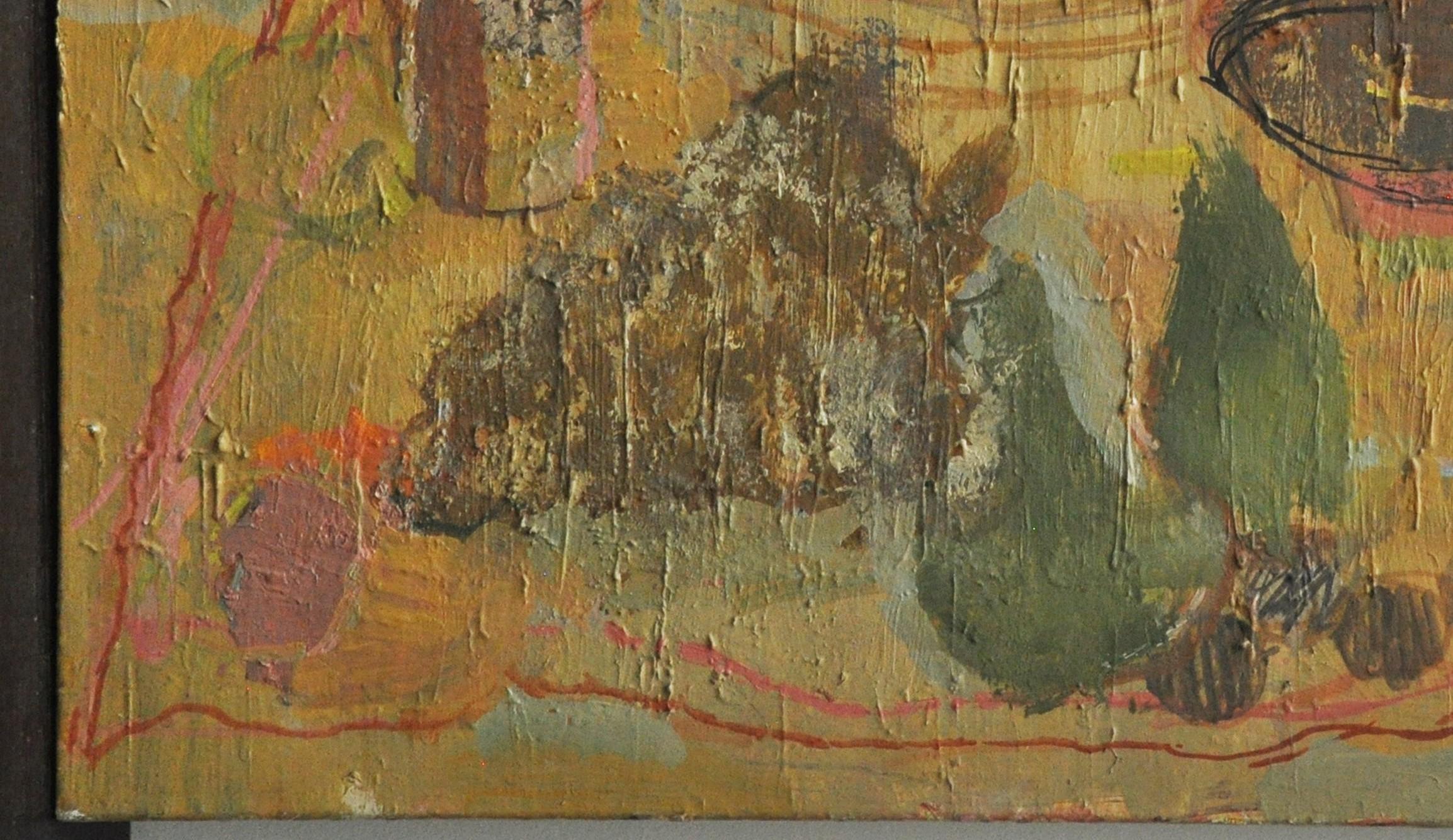 Abstract still life in muted tones of green, yellow and brown. Midcentury oil on canvas.