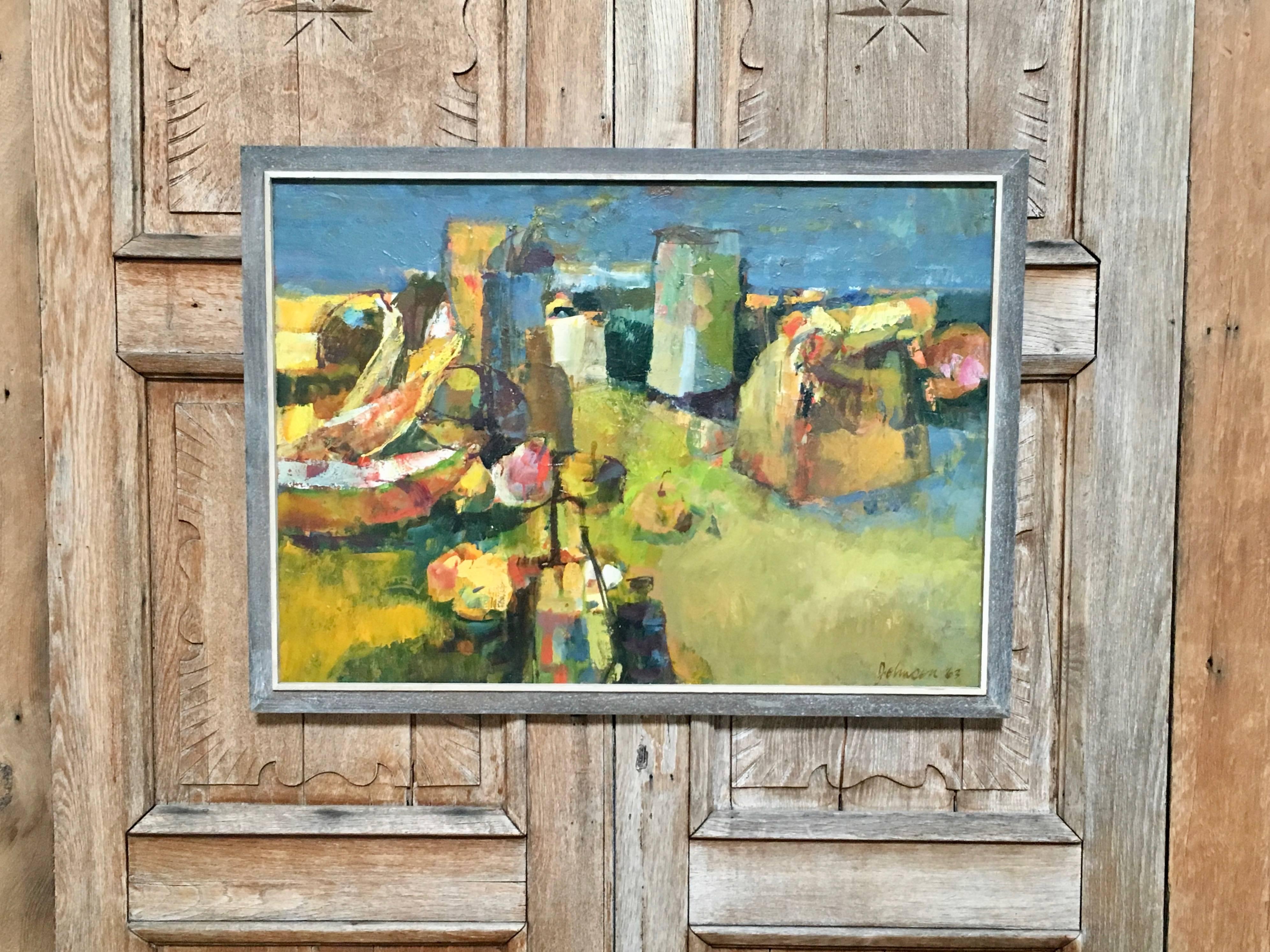 Nice cubist oil painting on army canvas with rustic frame dated 1963.