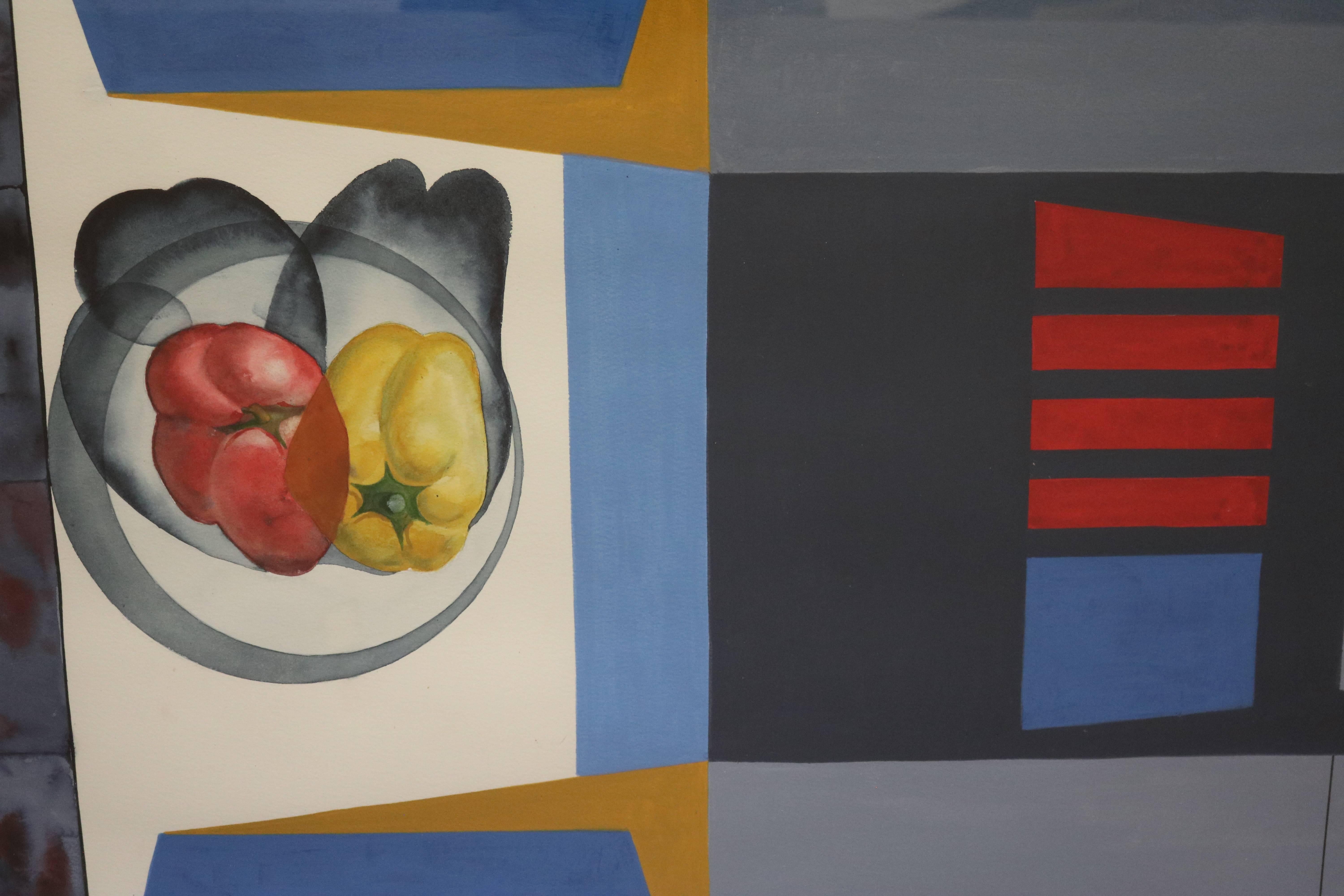 An abstract still life gouache of bell peppers in a bowl by prolific artist David Segel, in original frame. After studying at the Carnegie Institute in Pittsburgh, and the Art Institute of Chicago, David moved to Paris in 1950 to work and teach, He